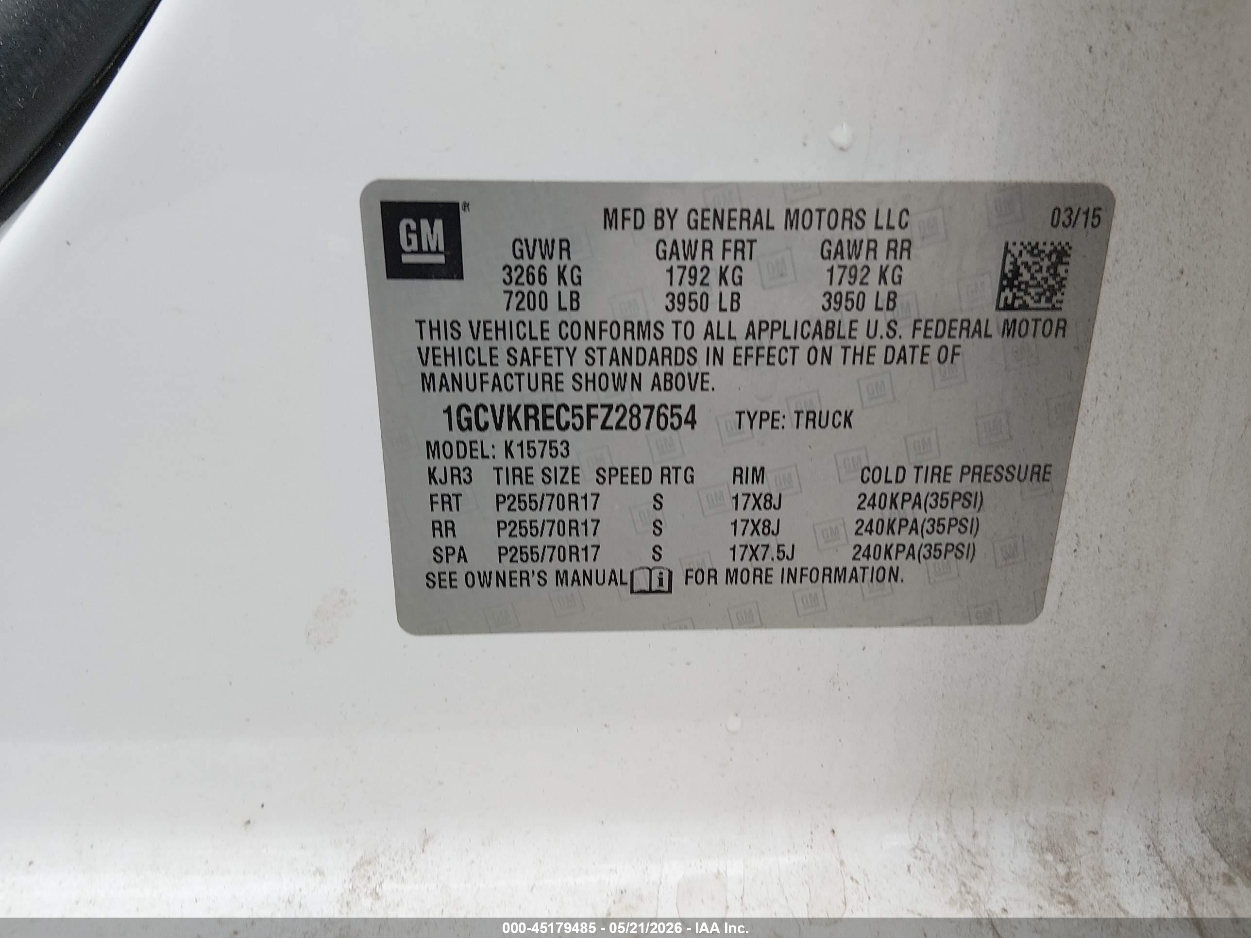 2015 Chevrolet Silverado 1500 1lt White vin: 1GCVKREC5FZ287654