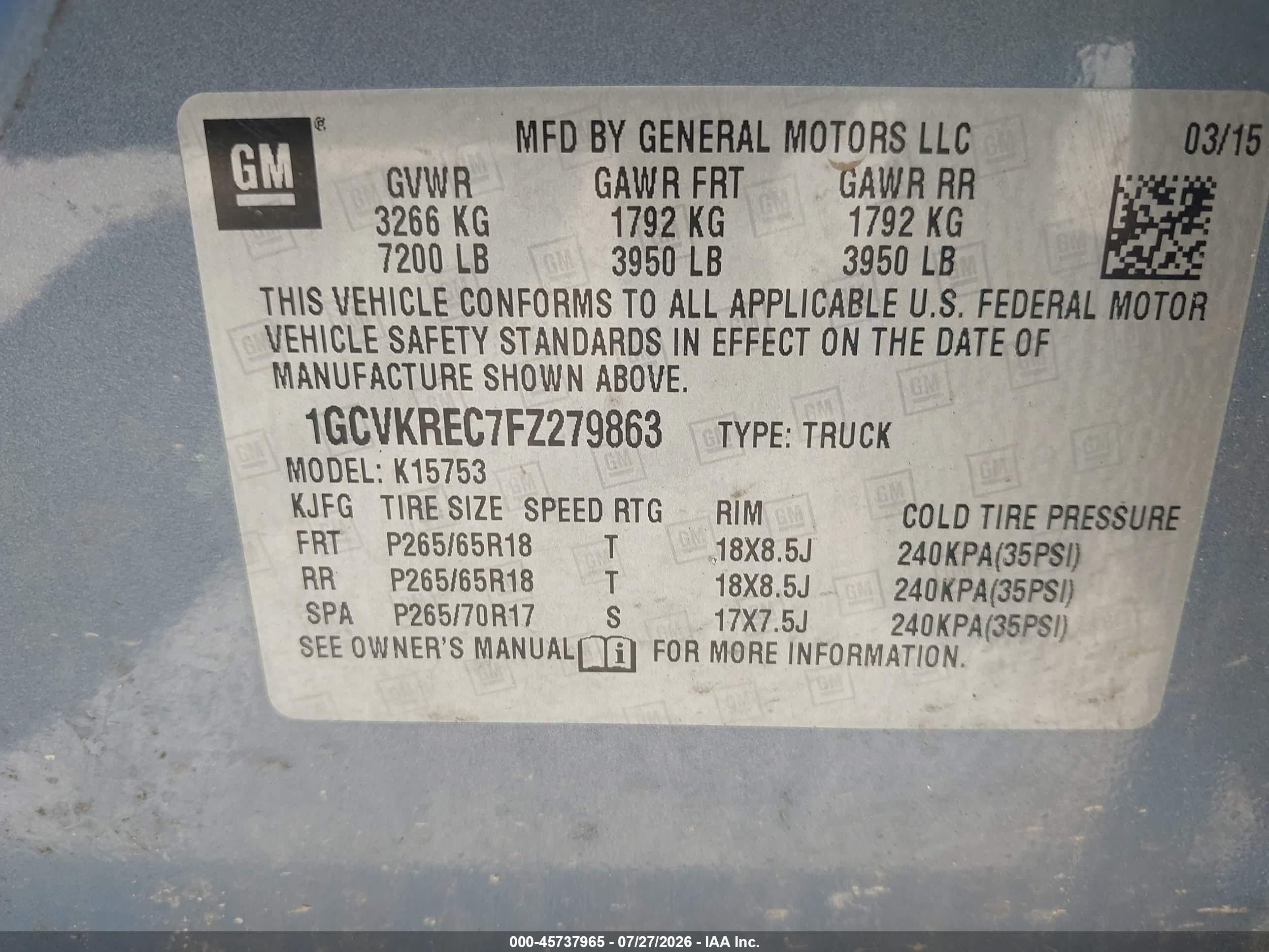 2015 Chevrolet Silverado 1500 Lt Blue vin: 1GCVKREC7FZ279863