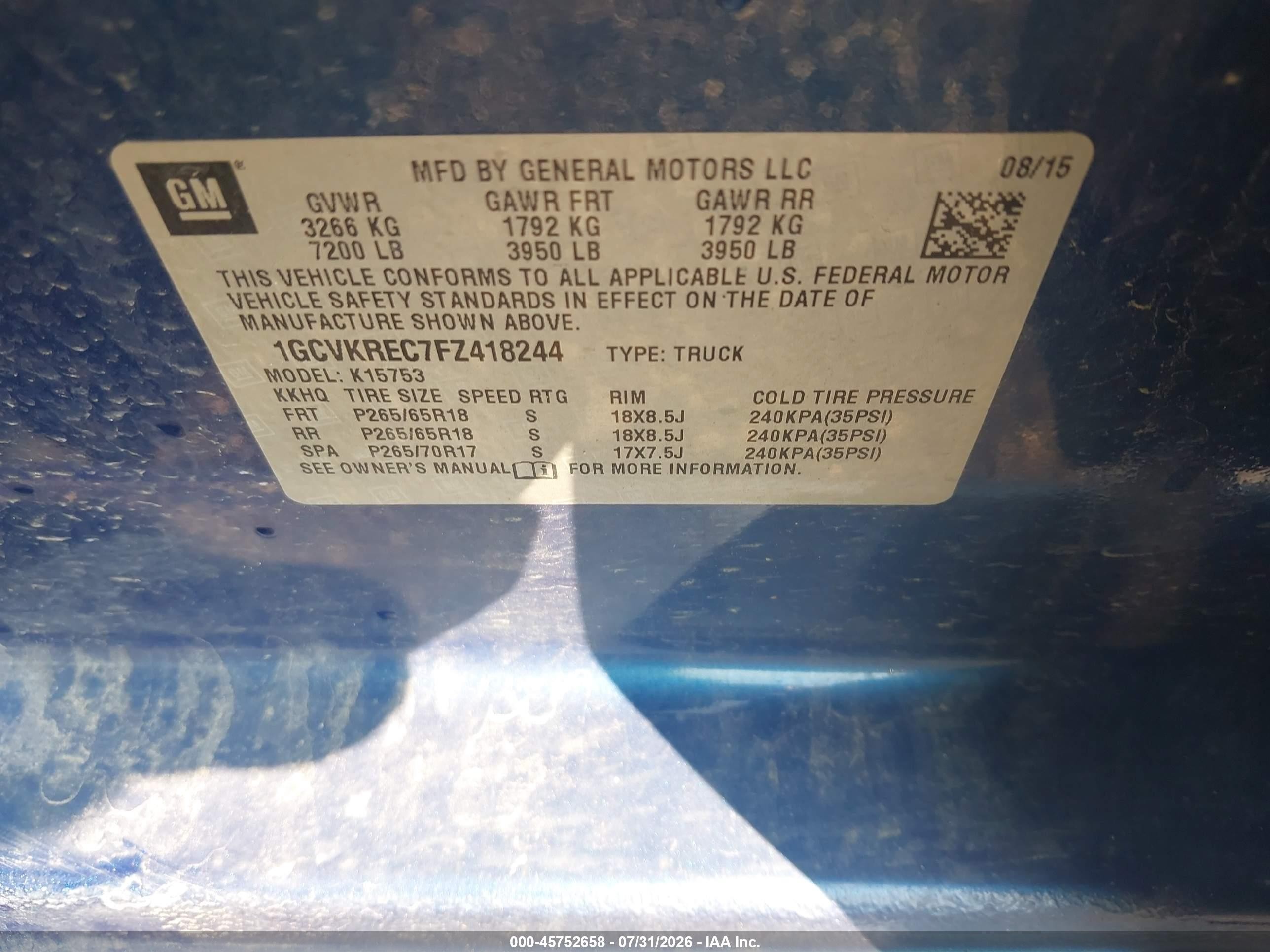 2015 Chevrolet Silverado 1500 Lt Blue vin: 1GCVKREC7FZ418244