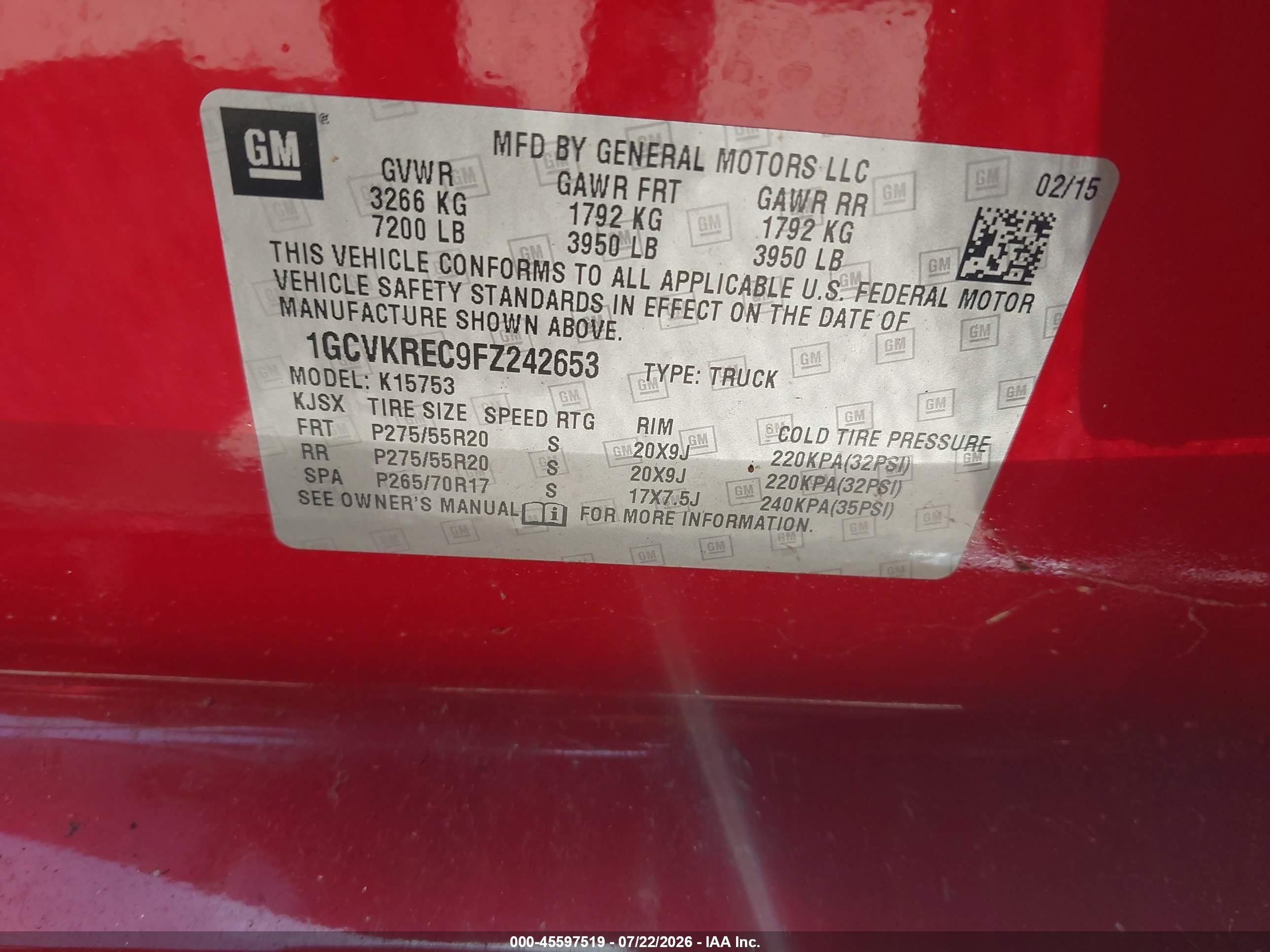 2015 Chevrolet Silverado 1500 Lt Red vin: 1GCVKREC9FZ242653