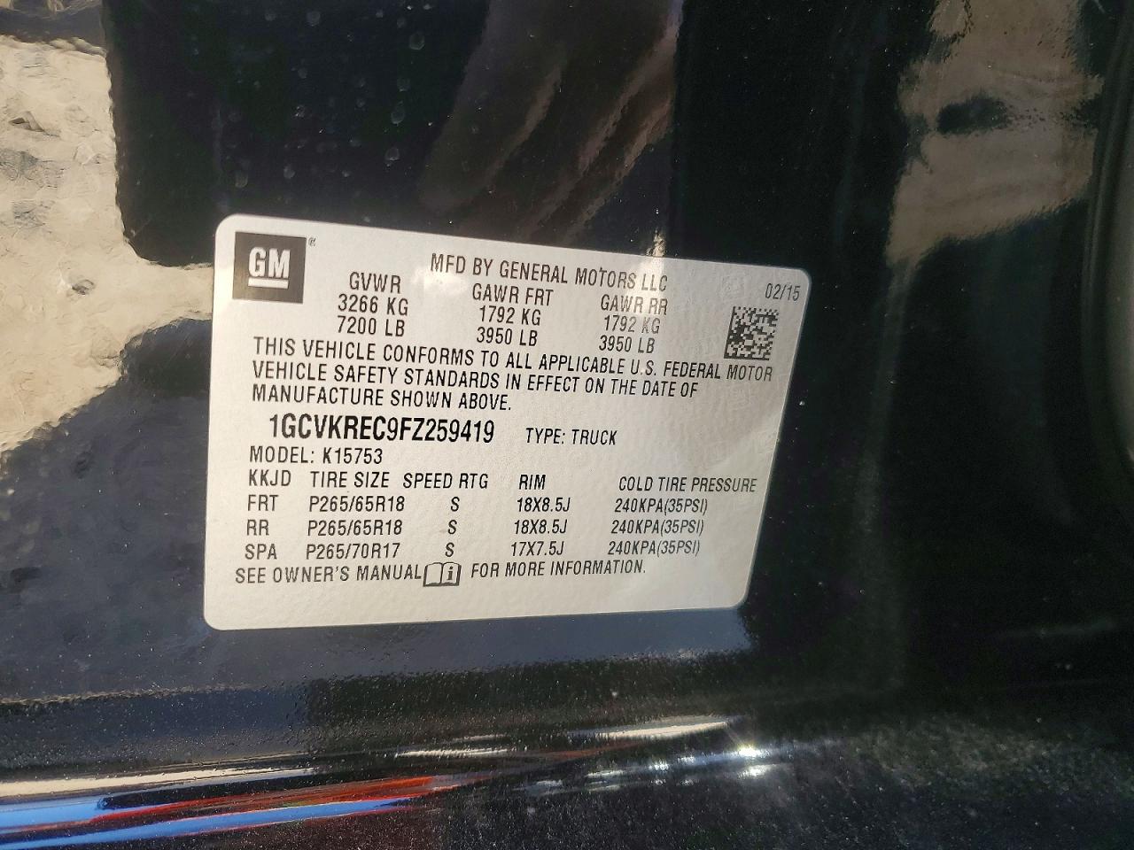 2015 Chevrolet 1500 Truck Black vin: 1GCVKREC9FZ259419