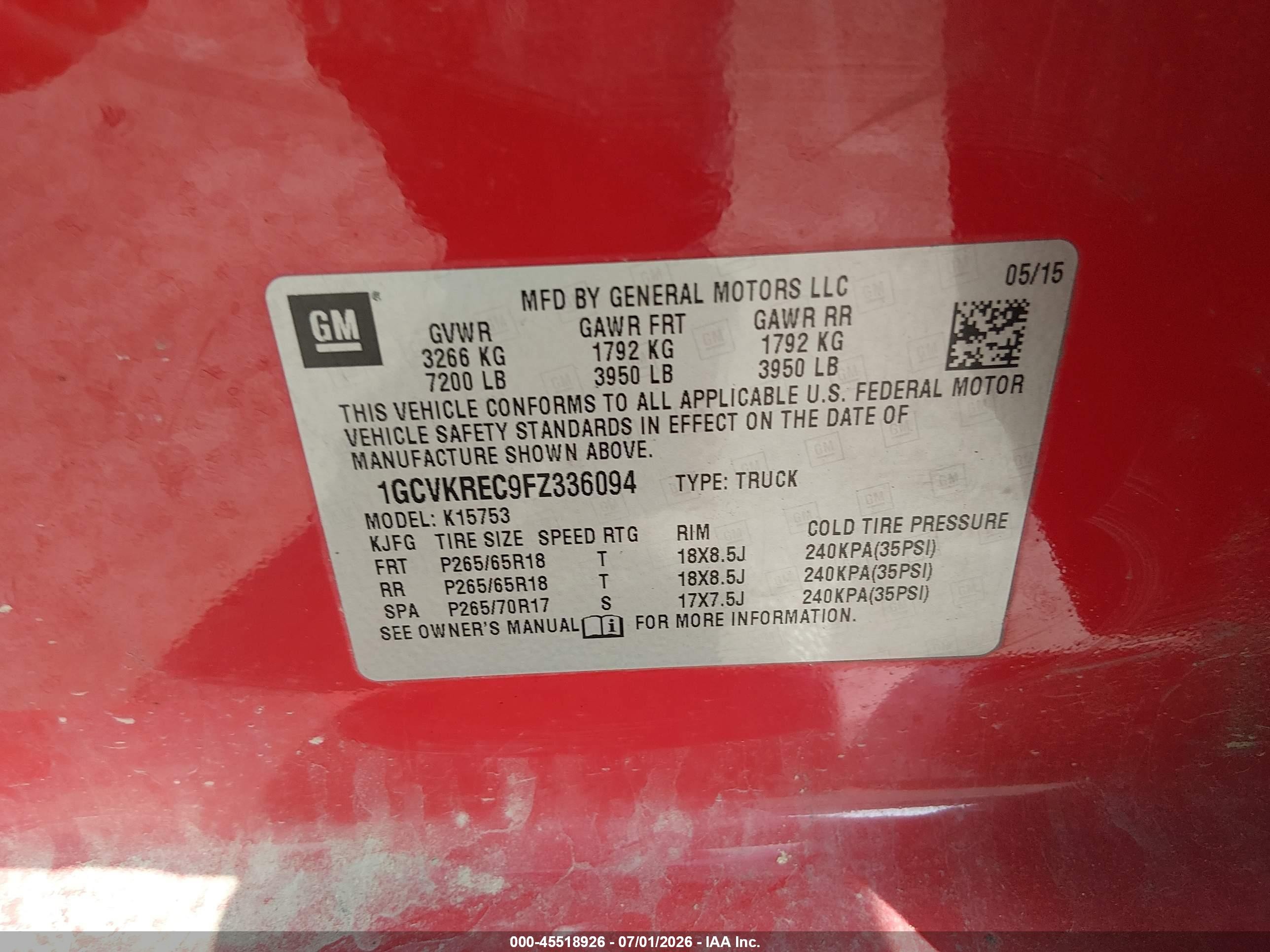 2015 Chevrolet Silverado 1500 Lt Красный vin: 1GCVKREC9FZ336094