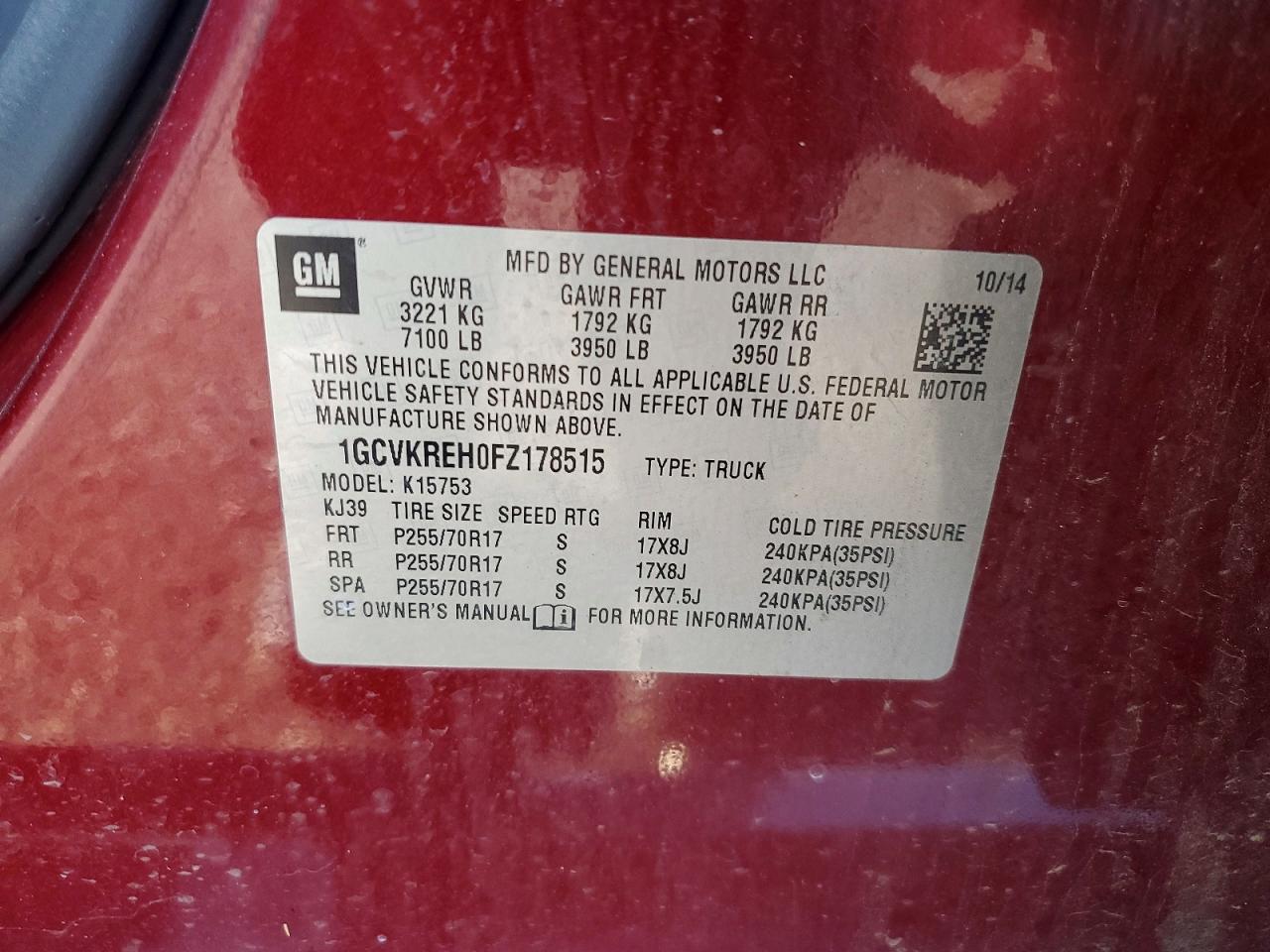 2015 Chevrolet Silverado K1500 Lt Бордовый vin: 1GCVKREH0FZ178515