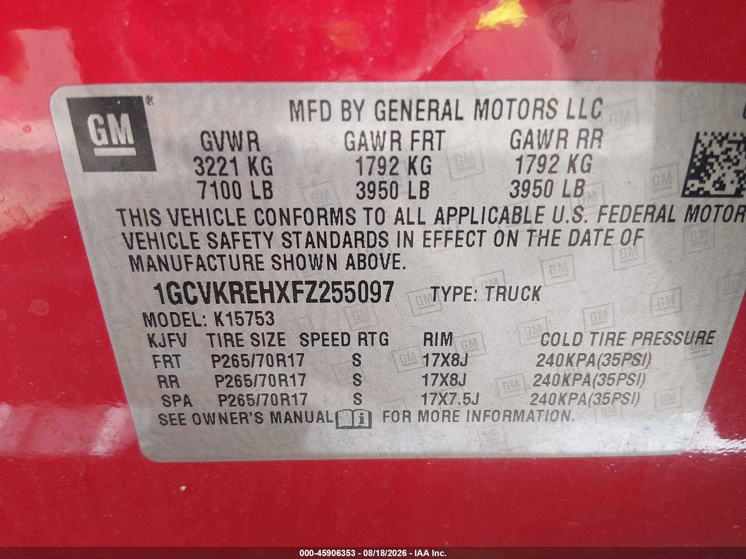 2015 Chevrolet Silverado 1500 Lt Red vin: 1GCVKREHXFZ255097