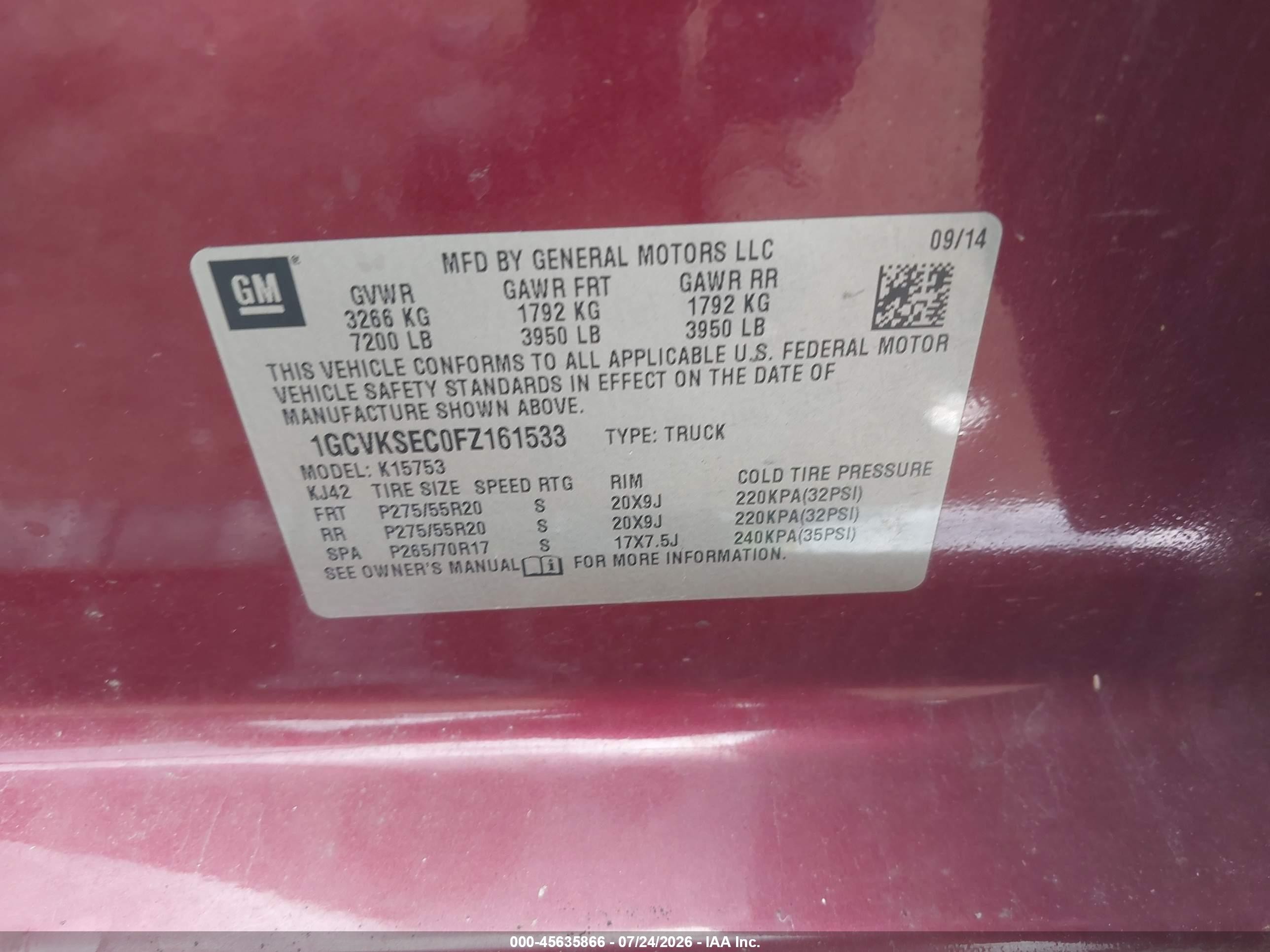 2015 Chevrolet Silverado 1500 Ltz Red vin: 1GCVKSEC0FZ161533