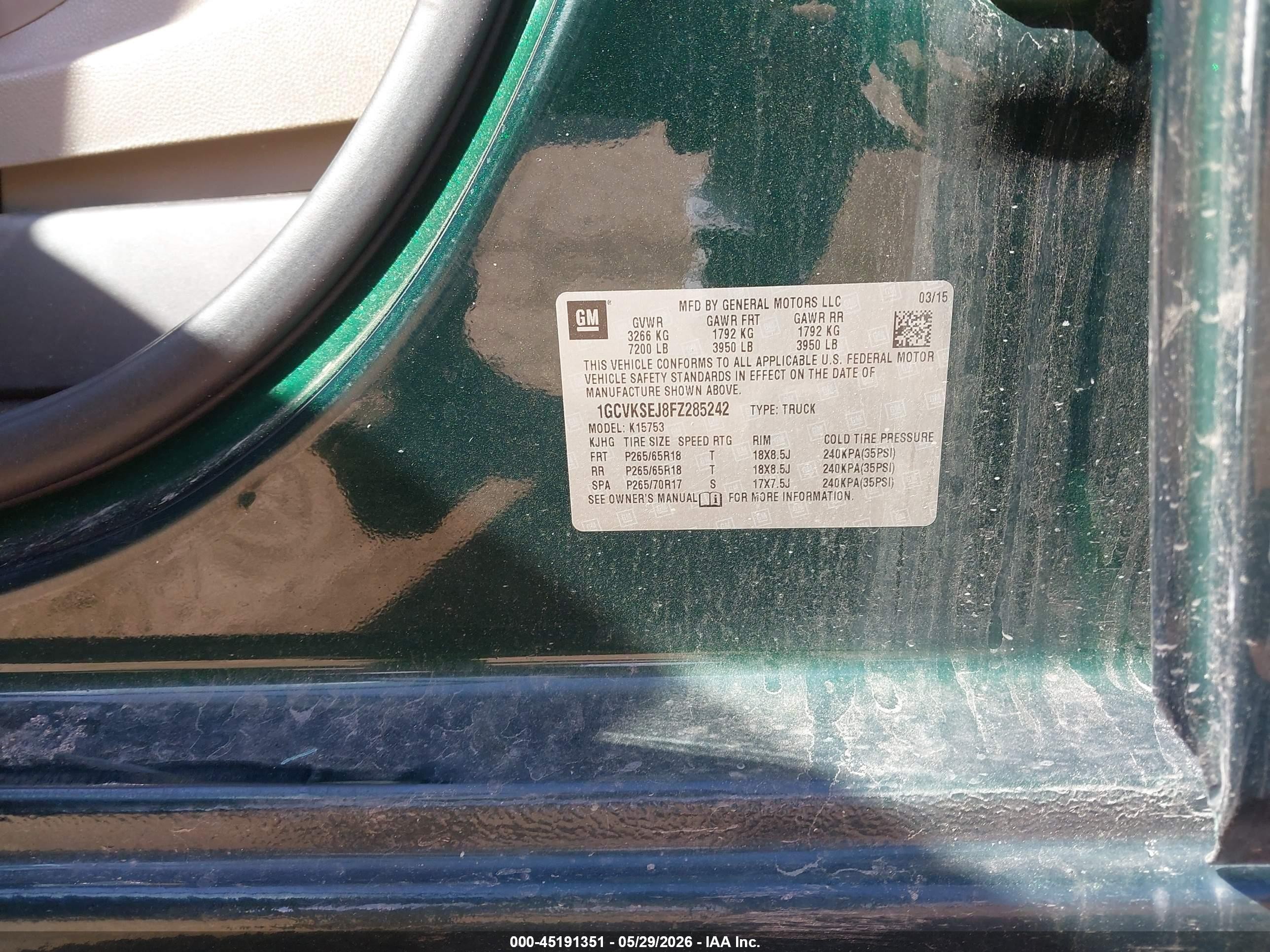 2015 Chevrolet Silverado 1500 1lz Green vin: 1GCVKSEJ8FZ285242