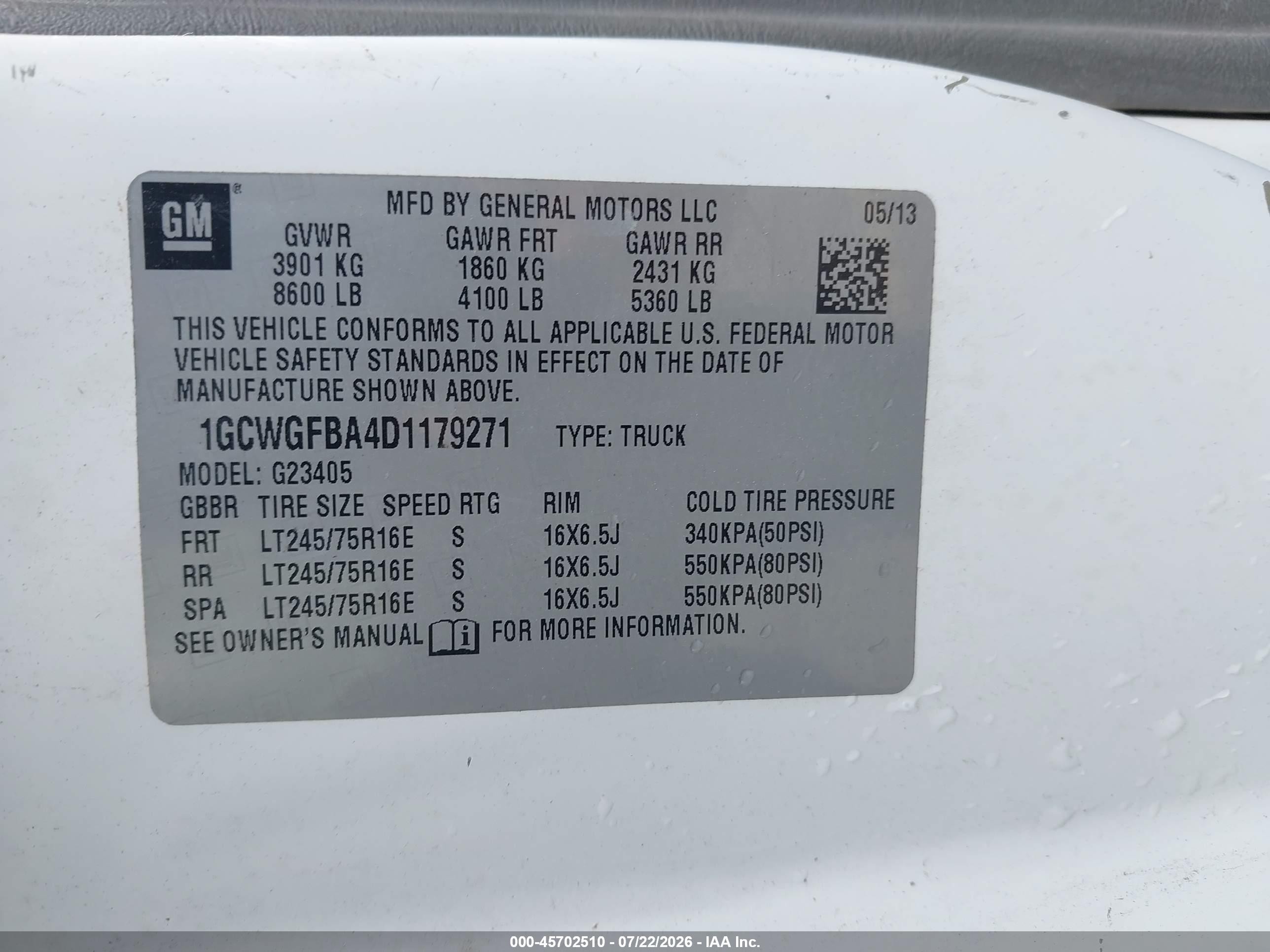 2013 Chevrolet Express 2500 Work Van White vin: 1GCWGFBA4D1179271