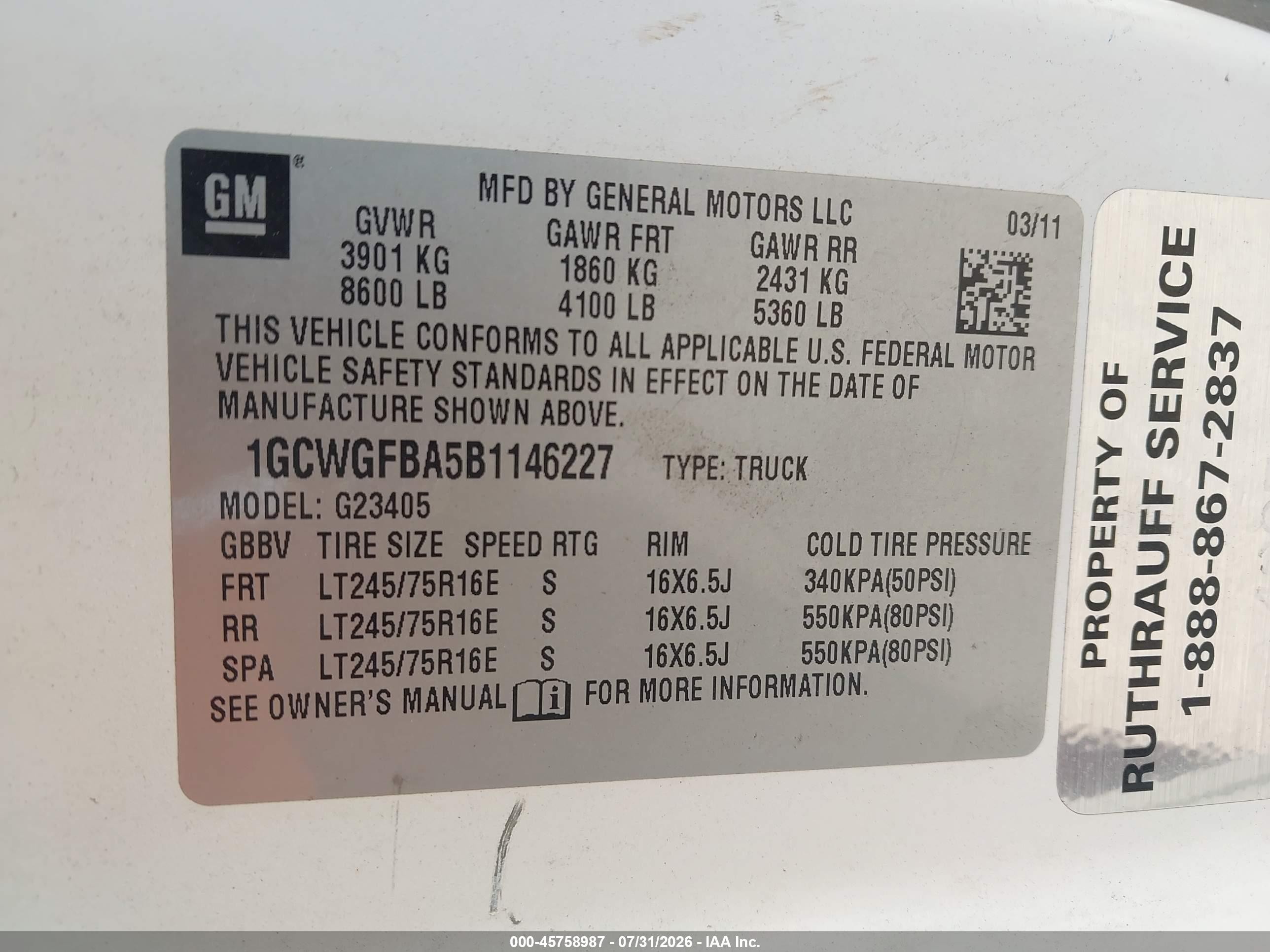 2011 Chevrolet Express 2500 Work Van White vin: 1GCWGFBA5B1146227