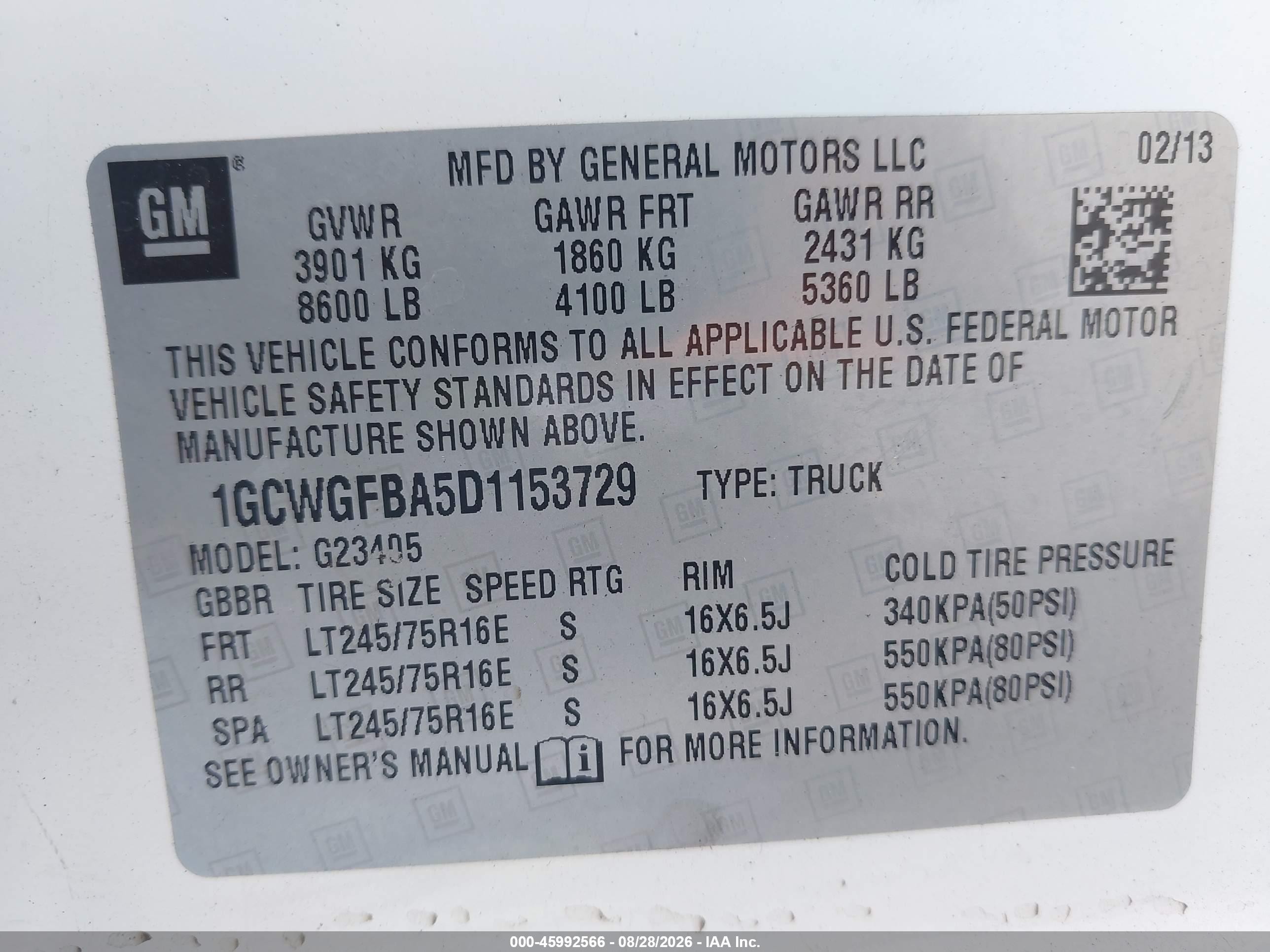 2013 Chevrolet Express 2500 Work Van White vin: 1GCWGFBA5D1153729