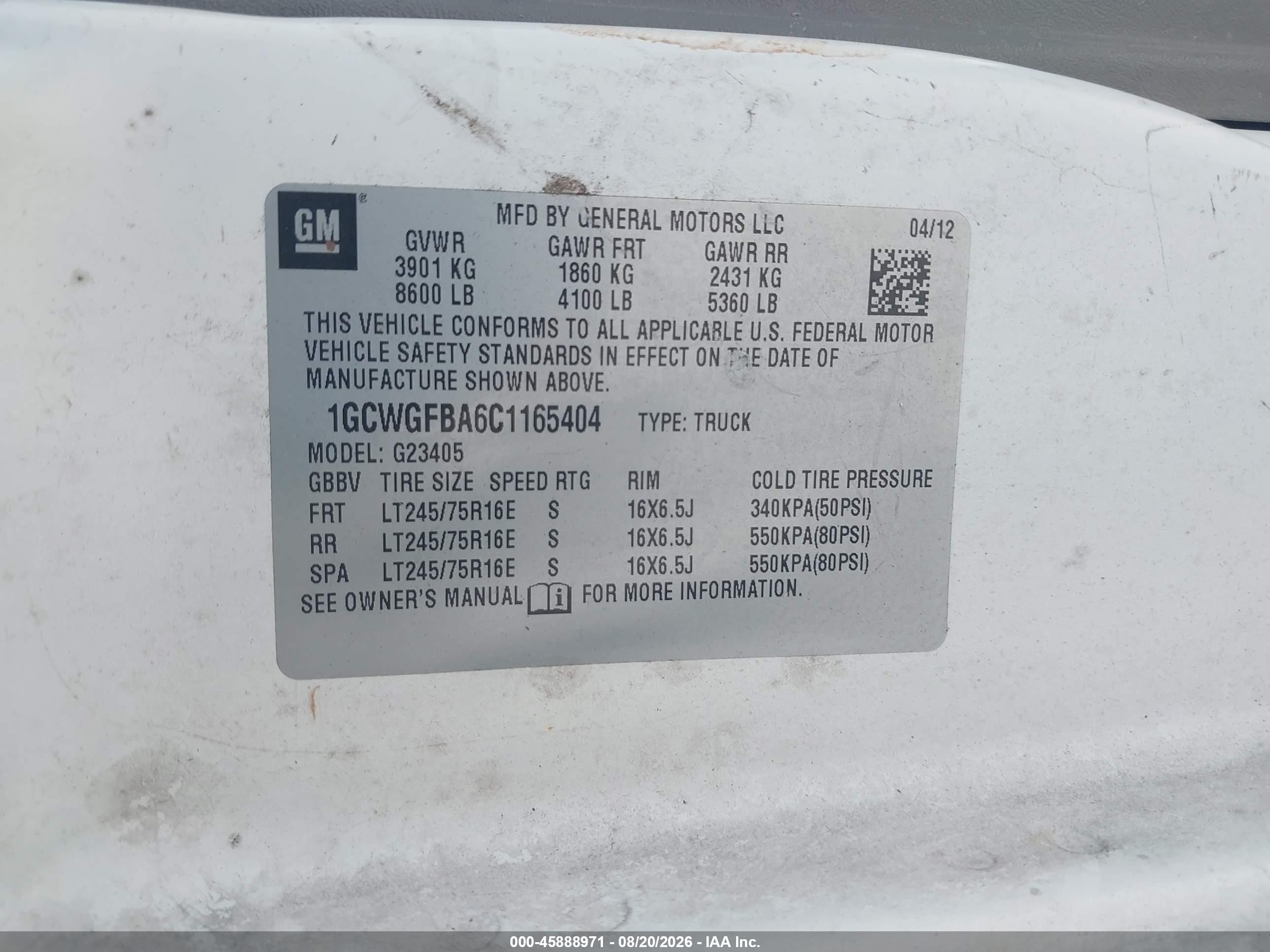 2012 Chevrolet Express 2500 Work Van Белый vin: 1GCWGFBA6C1165404
