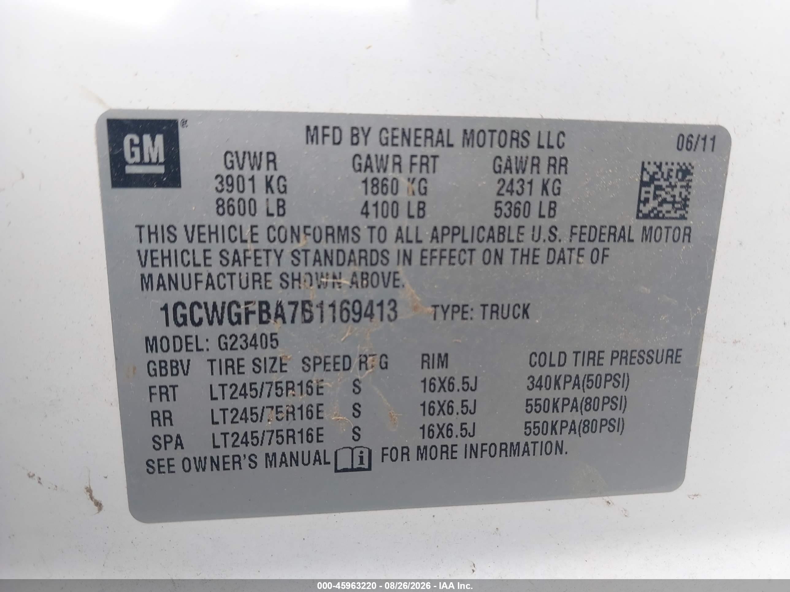 2011 Chevrolet Express 2500 Work Van White vin: 1GCWGFBA7B1169413