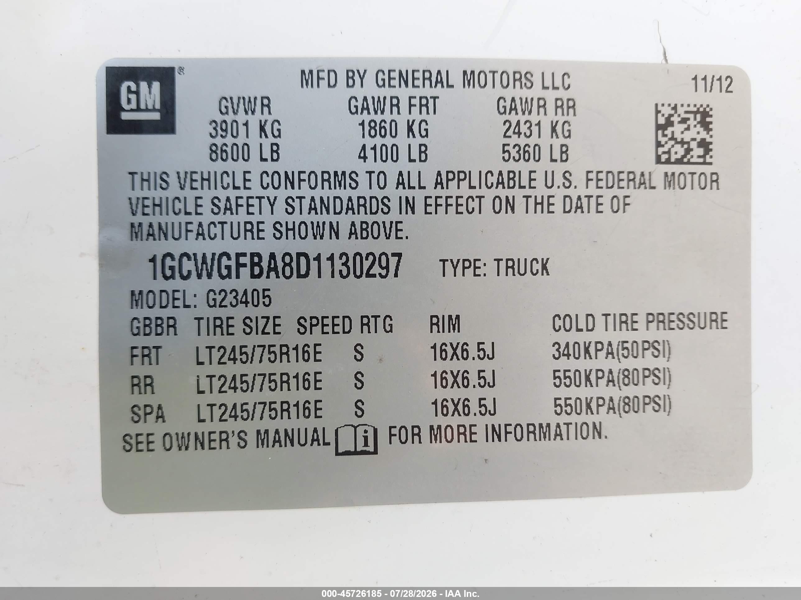 2013 Chevrolet Express 2500 Work Van Белый vin: 1GCWGFBA8D1130297