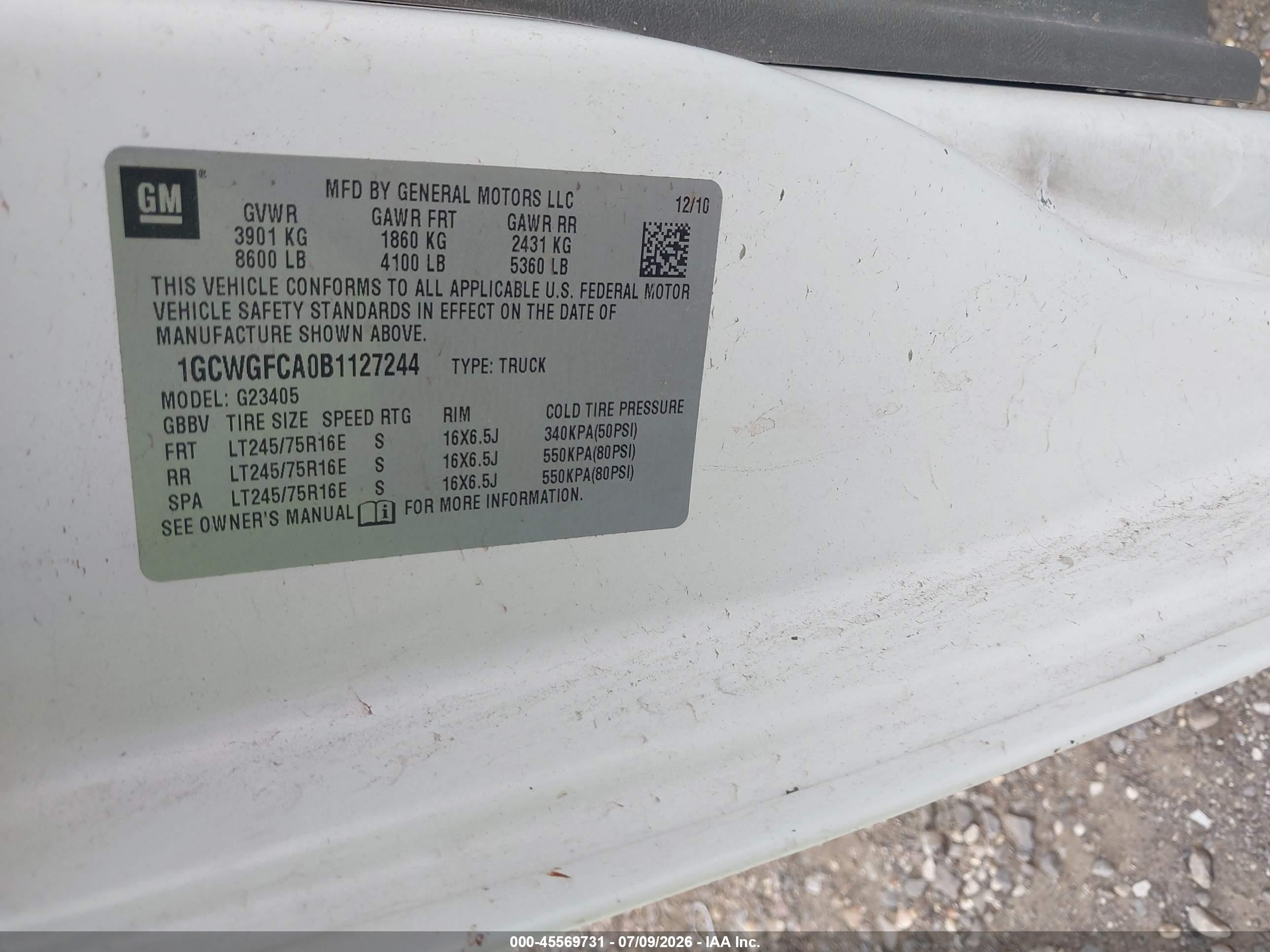 2011 Chevrolet Express 2500 Work Van White vin: 1GCWGFCA0B1127244