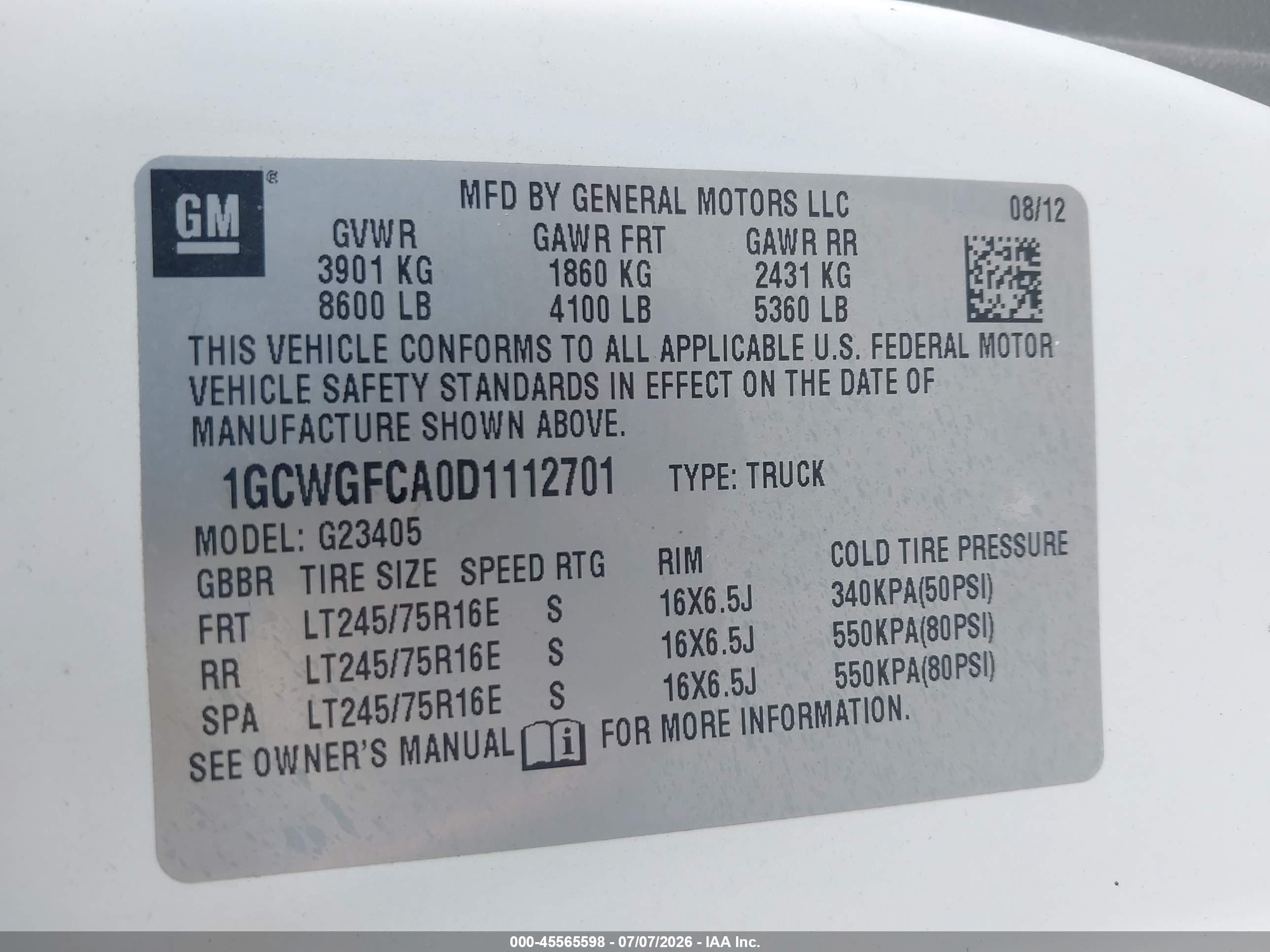 2013 Chevrolet Express 2500 Work Van White vin: 1GCWGFCA0D1112701