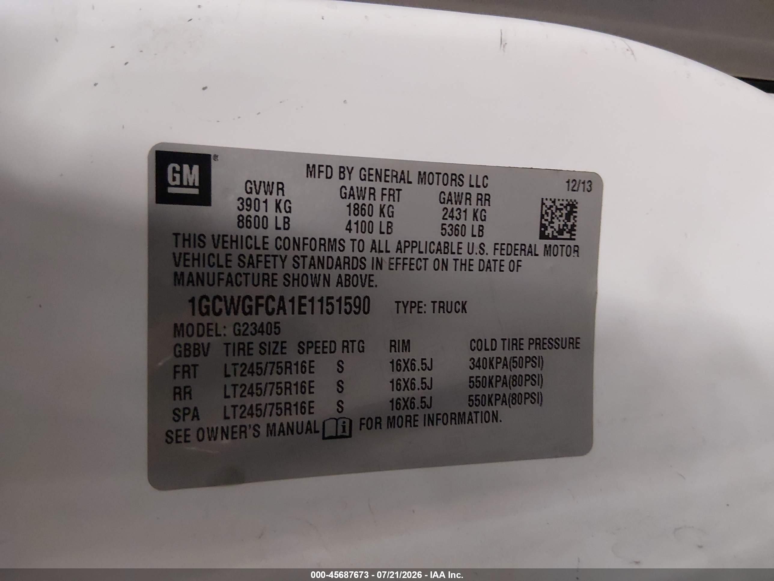 2014 Chevrolet Express 2500 Work Van White vin: 1GCWGFCA1E1151590