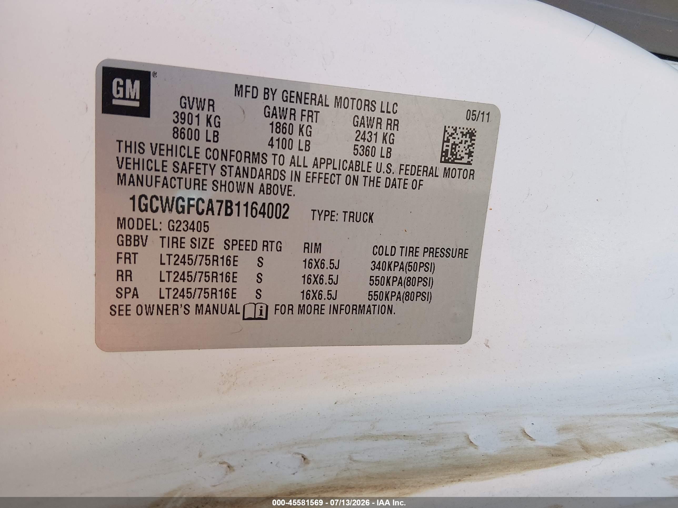 2011 Chevrolet Express 2500 Work Van White vin: 1GCWGFCA7B1164002