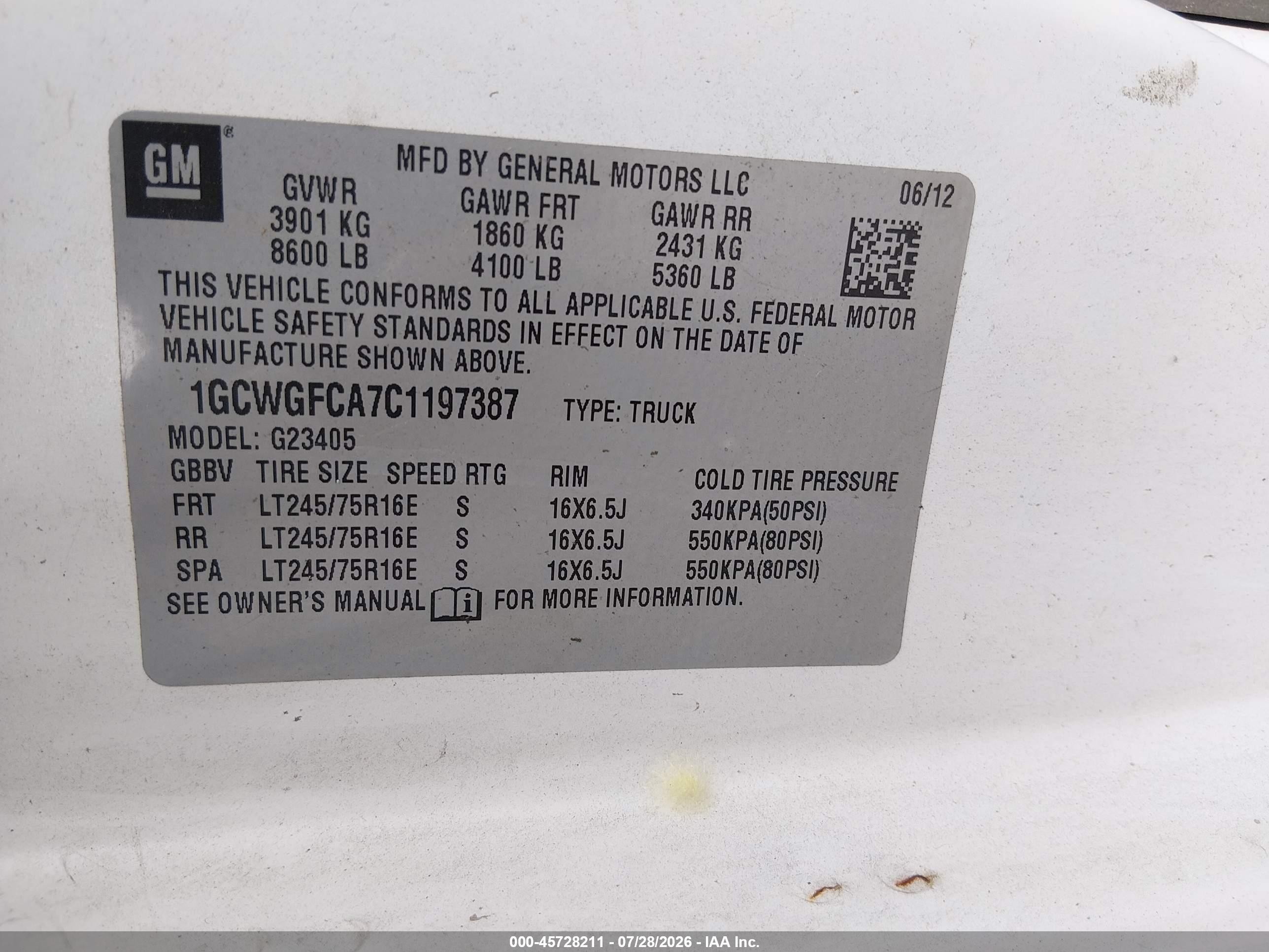 2012 Chevrolet Express 2500 Work Van White vin: 1GCWGFCA7C1197387