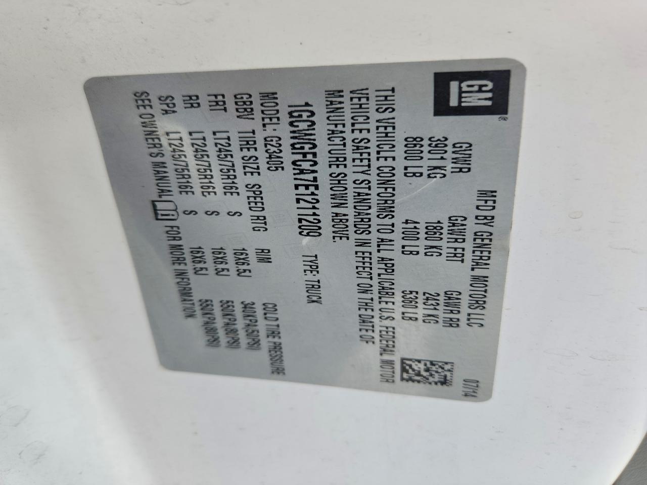 2014 Chevrolet Express G2500 White vin: 1GCWGFCA7E1211209