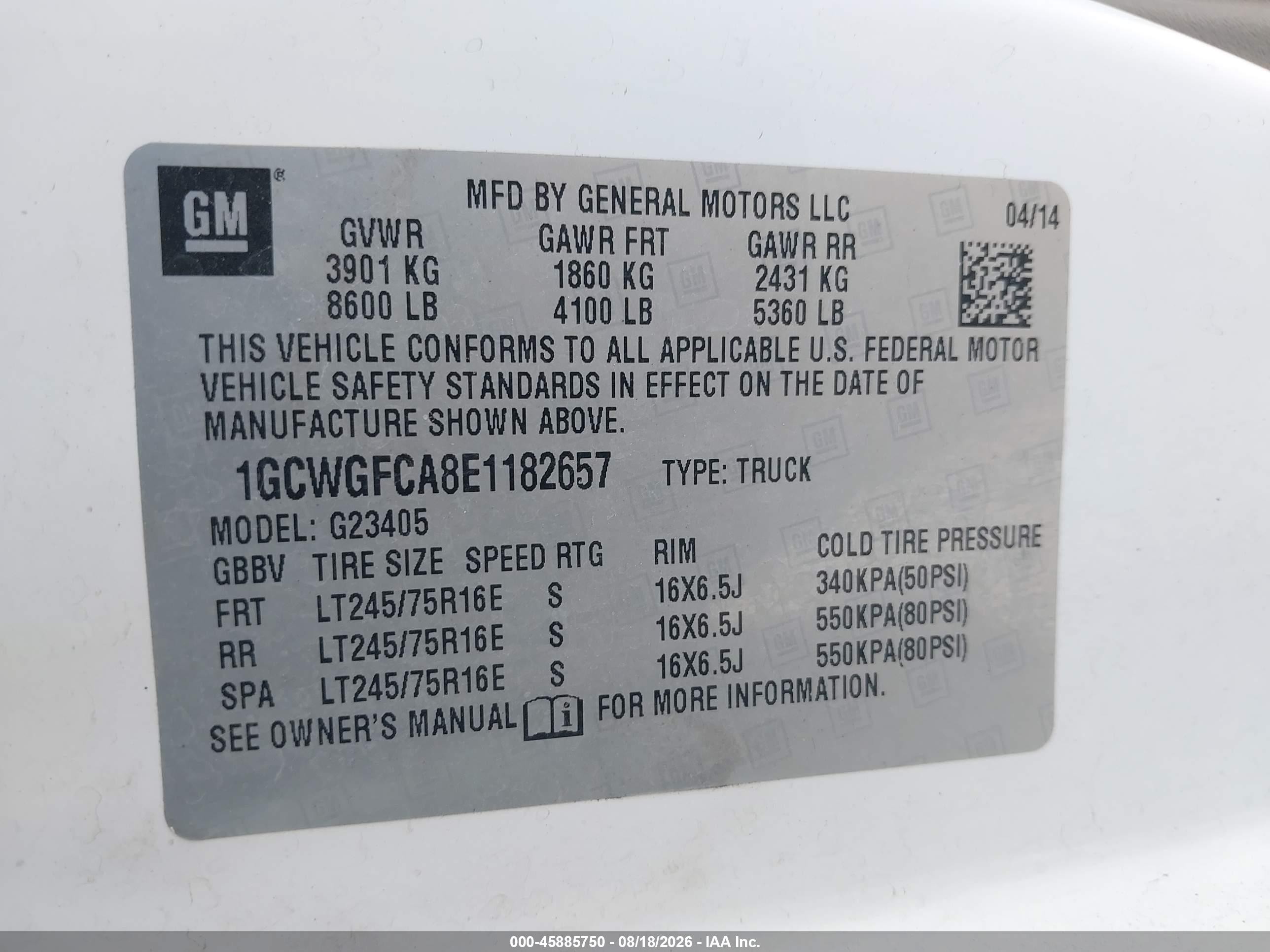 2014 Chevrolet Express 2500 Work Van White vin: 1GCWGFCA8E1182657