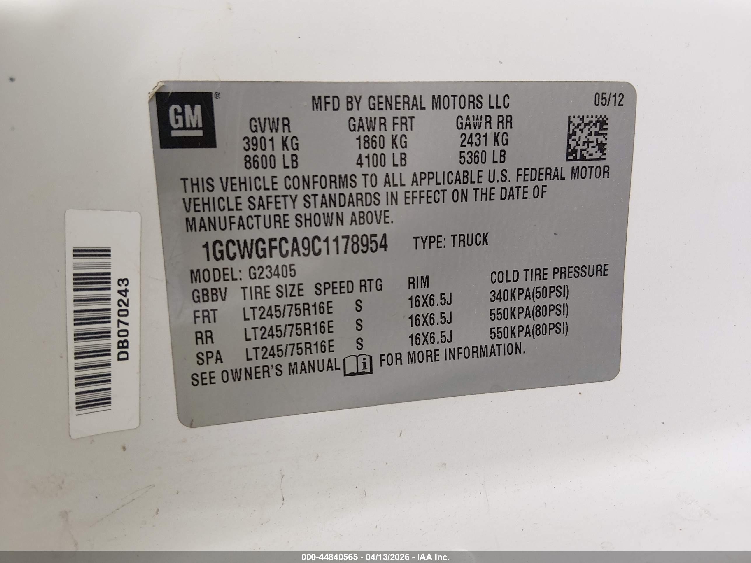 2012 Chevrolet Express 2500 Work Van White vin: 1GCWGFCA9C1178954