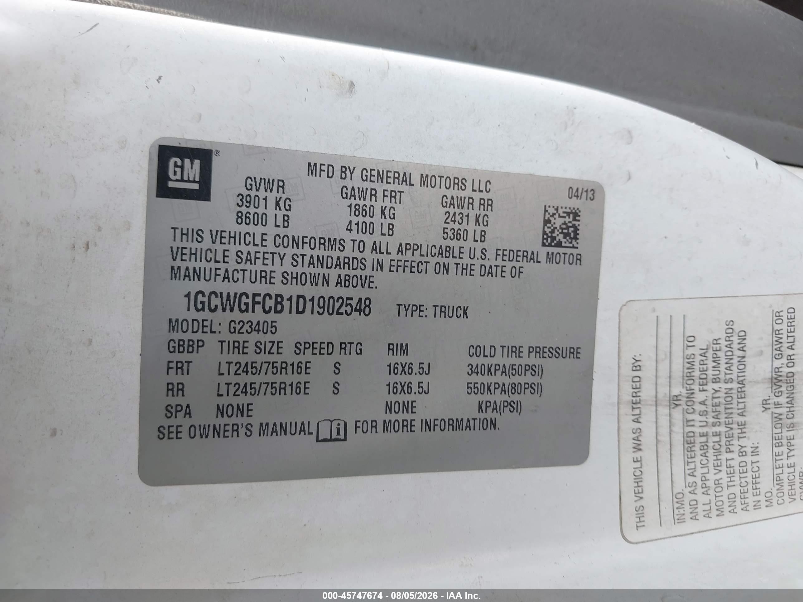 2013 Chevrolet Express 2500 Work Van White vin: 1GCWGFCB1D1902548
