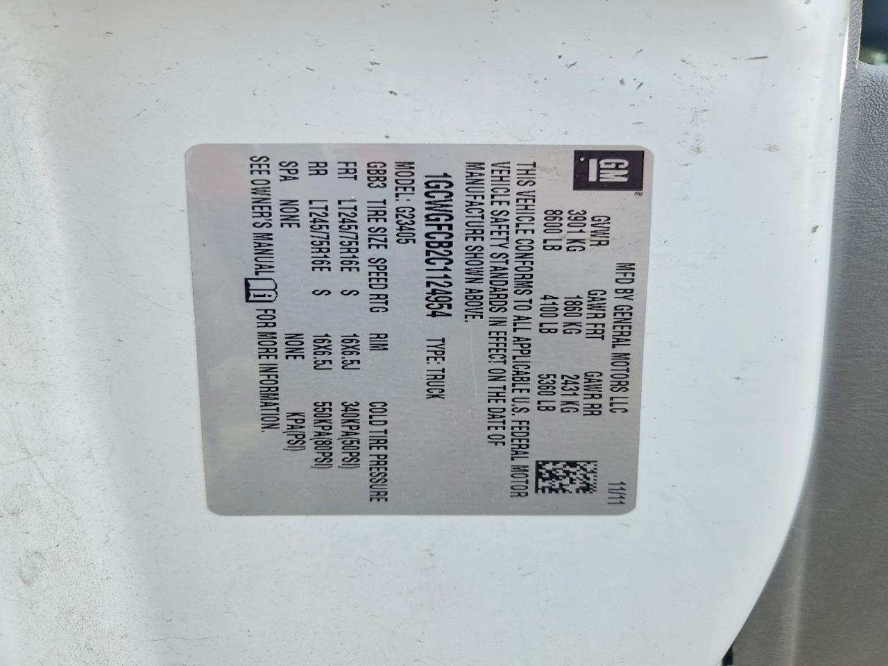 2012 Chevrolet Express 2500 Белый vin: 1GCWGFCB2C1124954