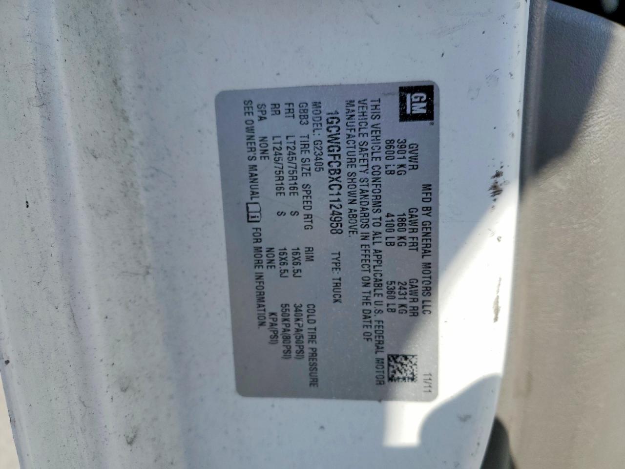 2012 Chev Express 2500 White vin: 1GCWGFCBXC1124958