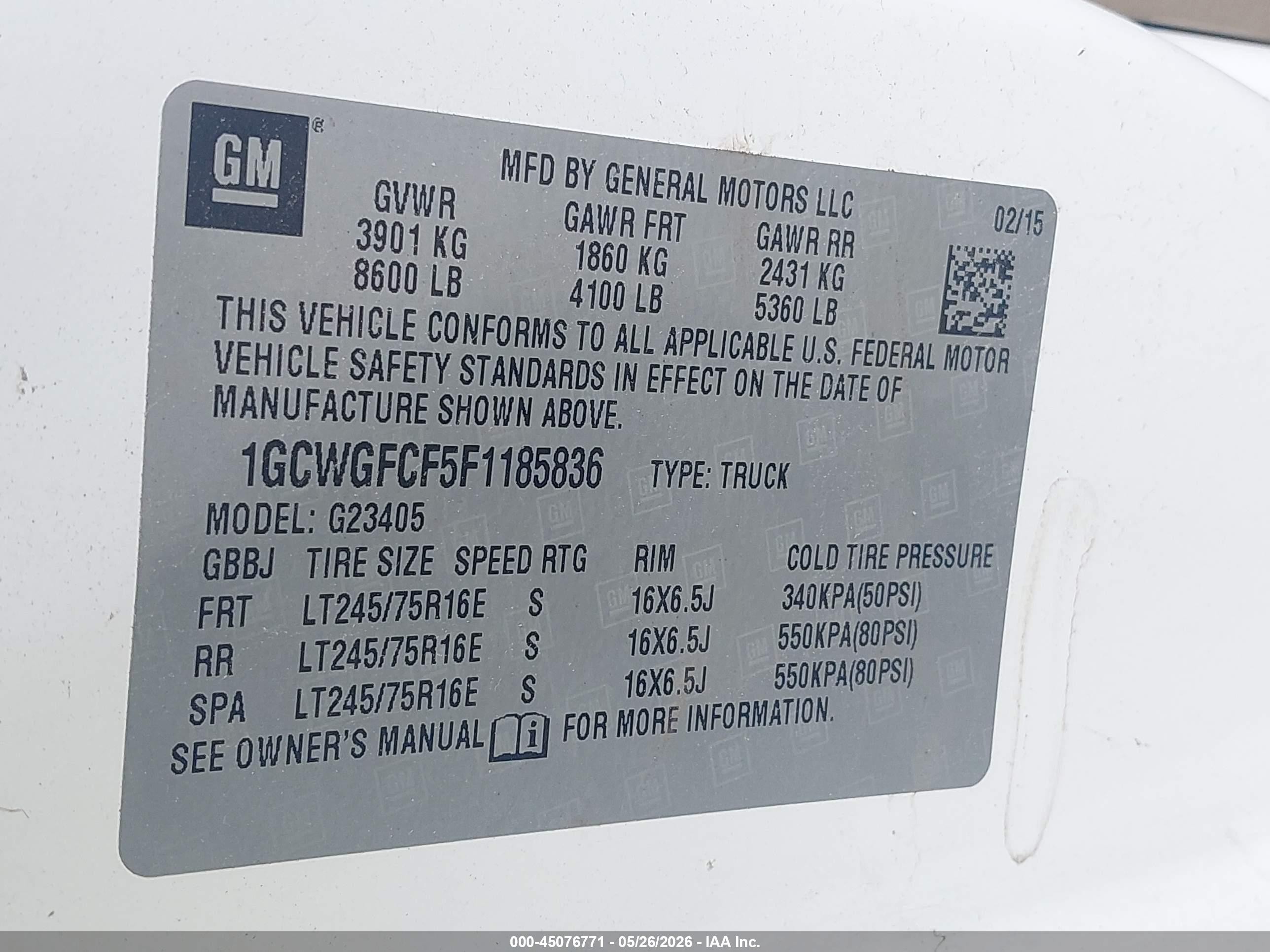 2015 Chevrolet Express 2500 Work Van White vin: 1GCWGFCF5F1185836