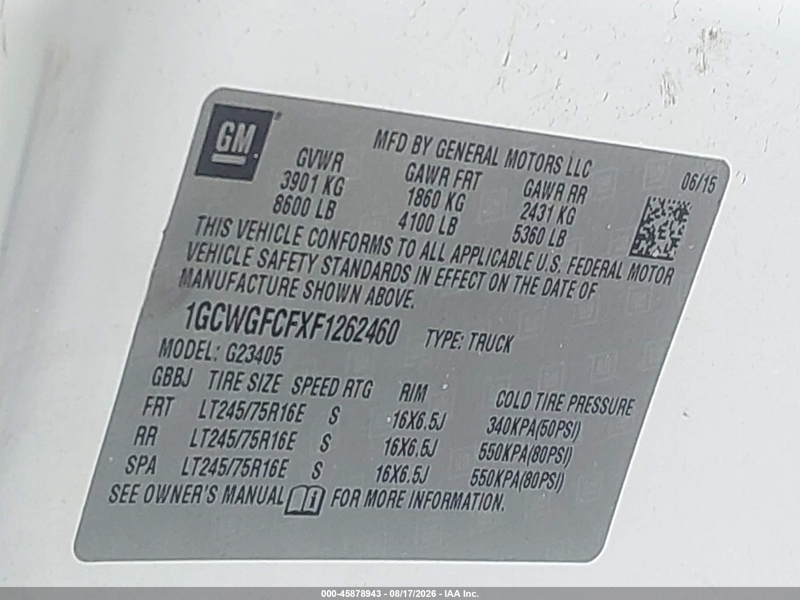 2015 Chevrolet Express 2500 Work Van Белый vin: 1GCWGFCFXF1262460