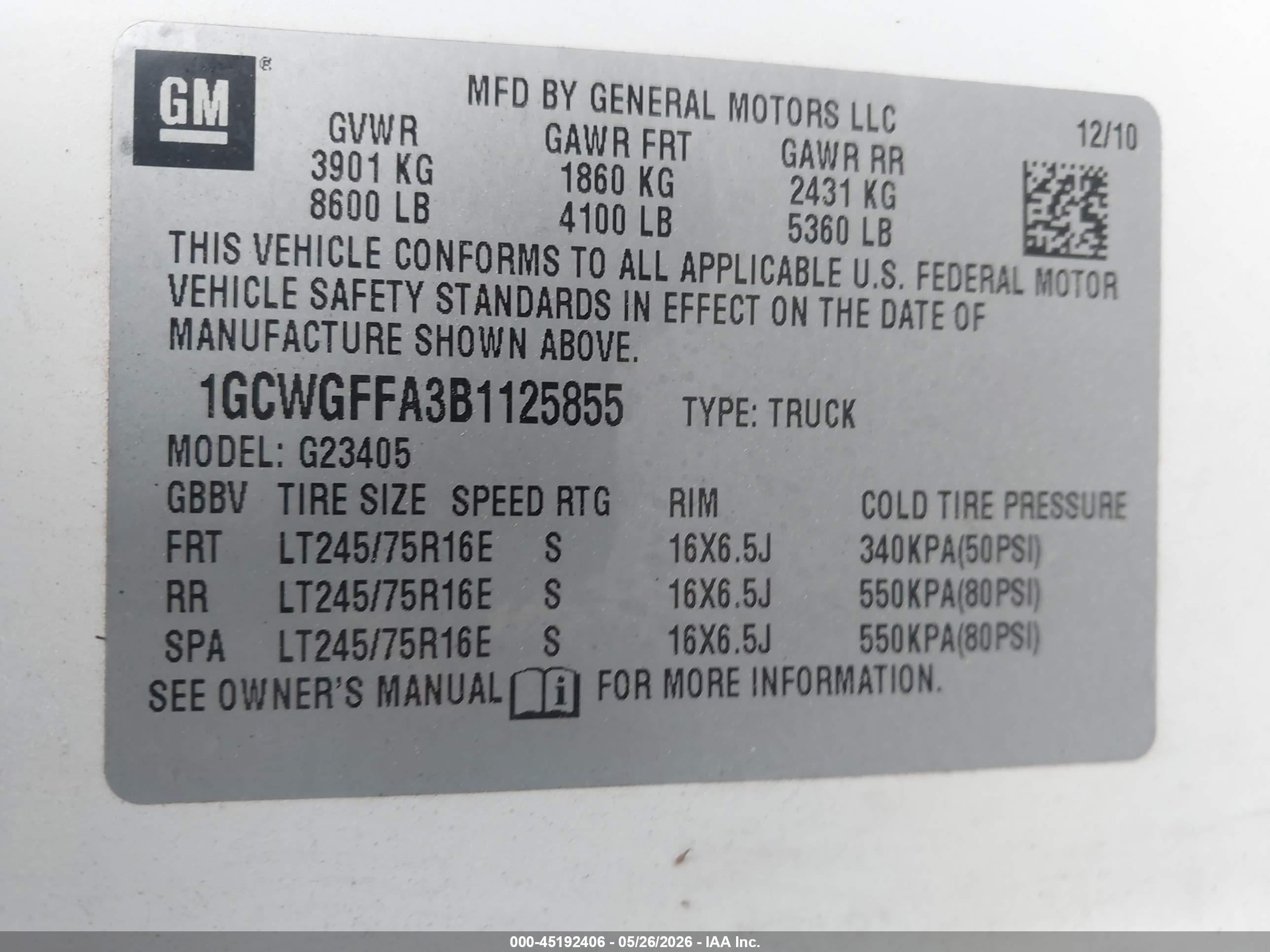 2011 Chevrolet Express 2500 Work Van White vin: 1GCWGFFA3B1125855