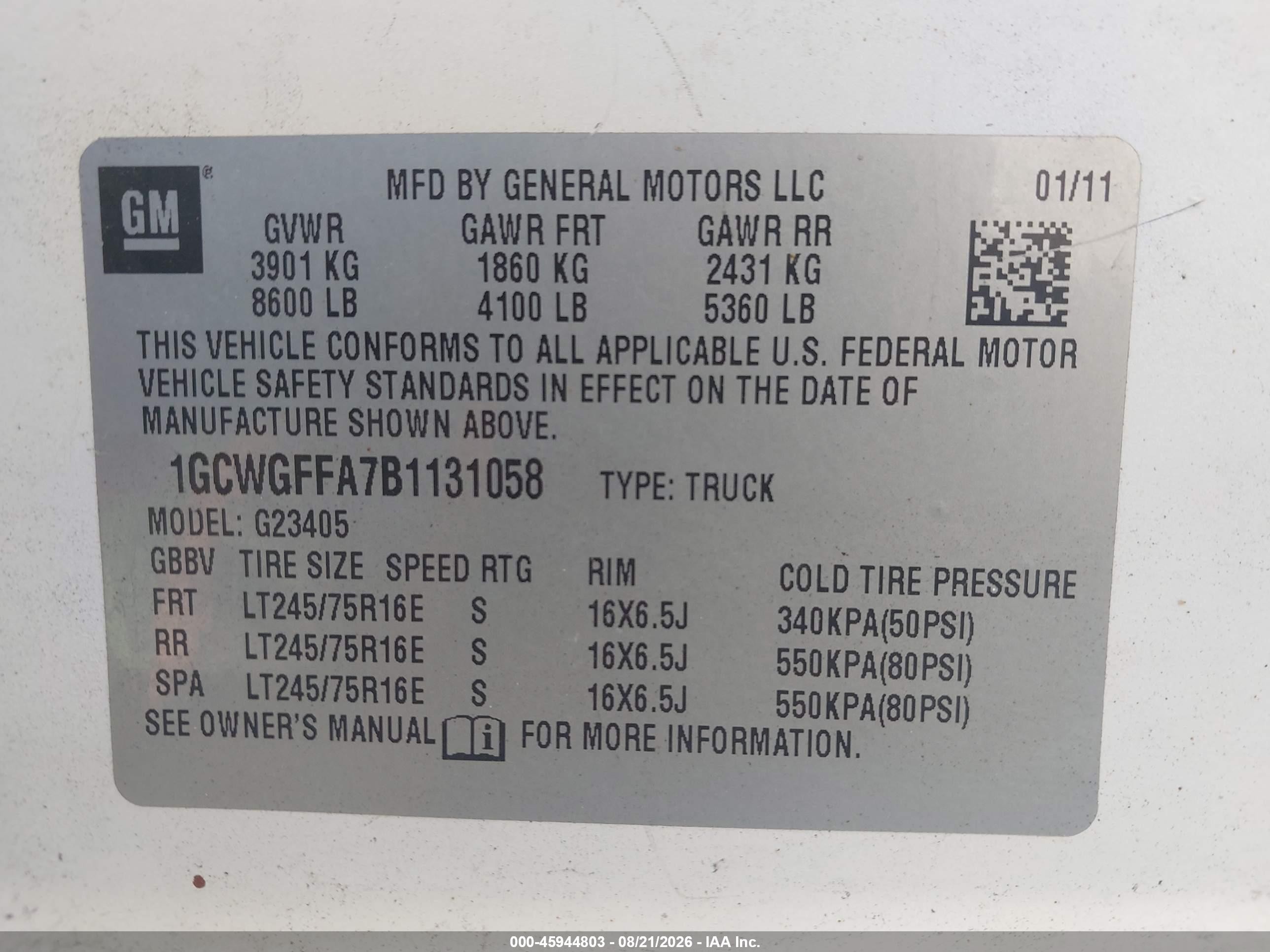 2011 Chevrolet Express 2500 Work Van White vin: 1GCWGFFA7B1131058