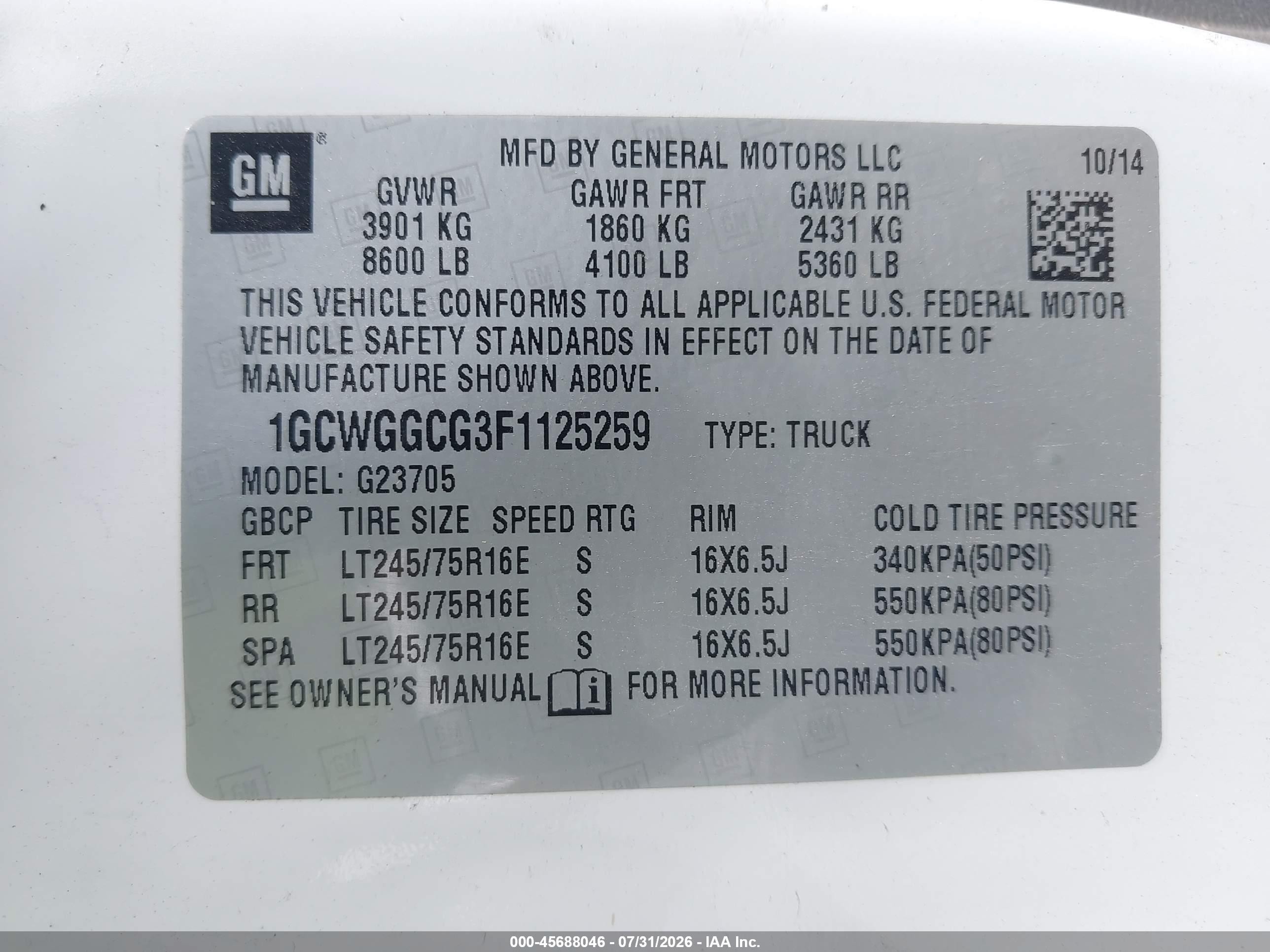2015 Chevrolet Express 2500 Work Van White vin: 1GCWGGCG3F1125259