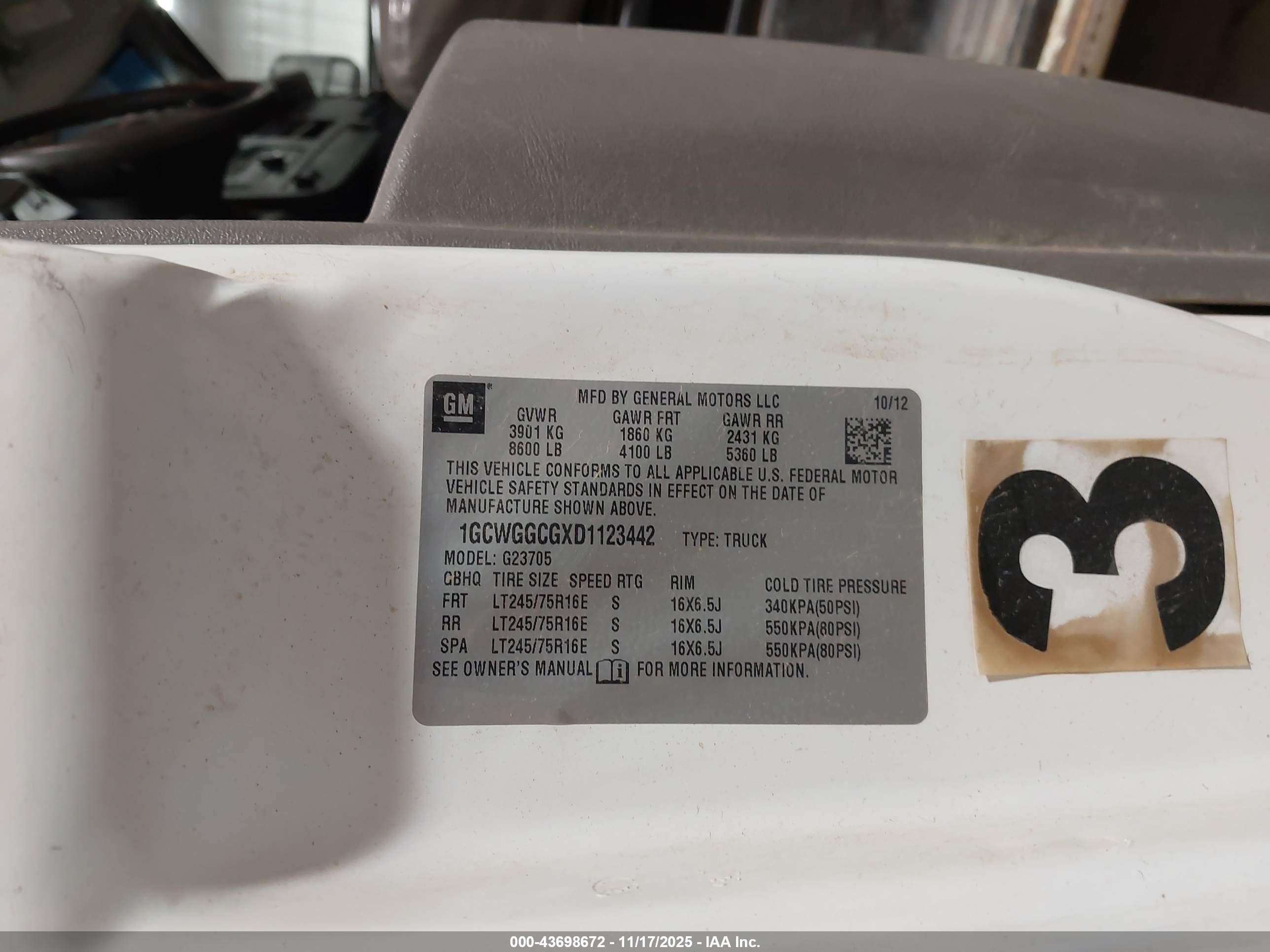 2013 Chevrolet Express 2500 Work Van White vin: 1GCWGGCGXD1123442