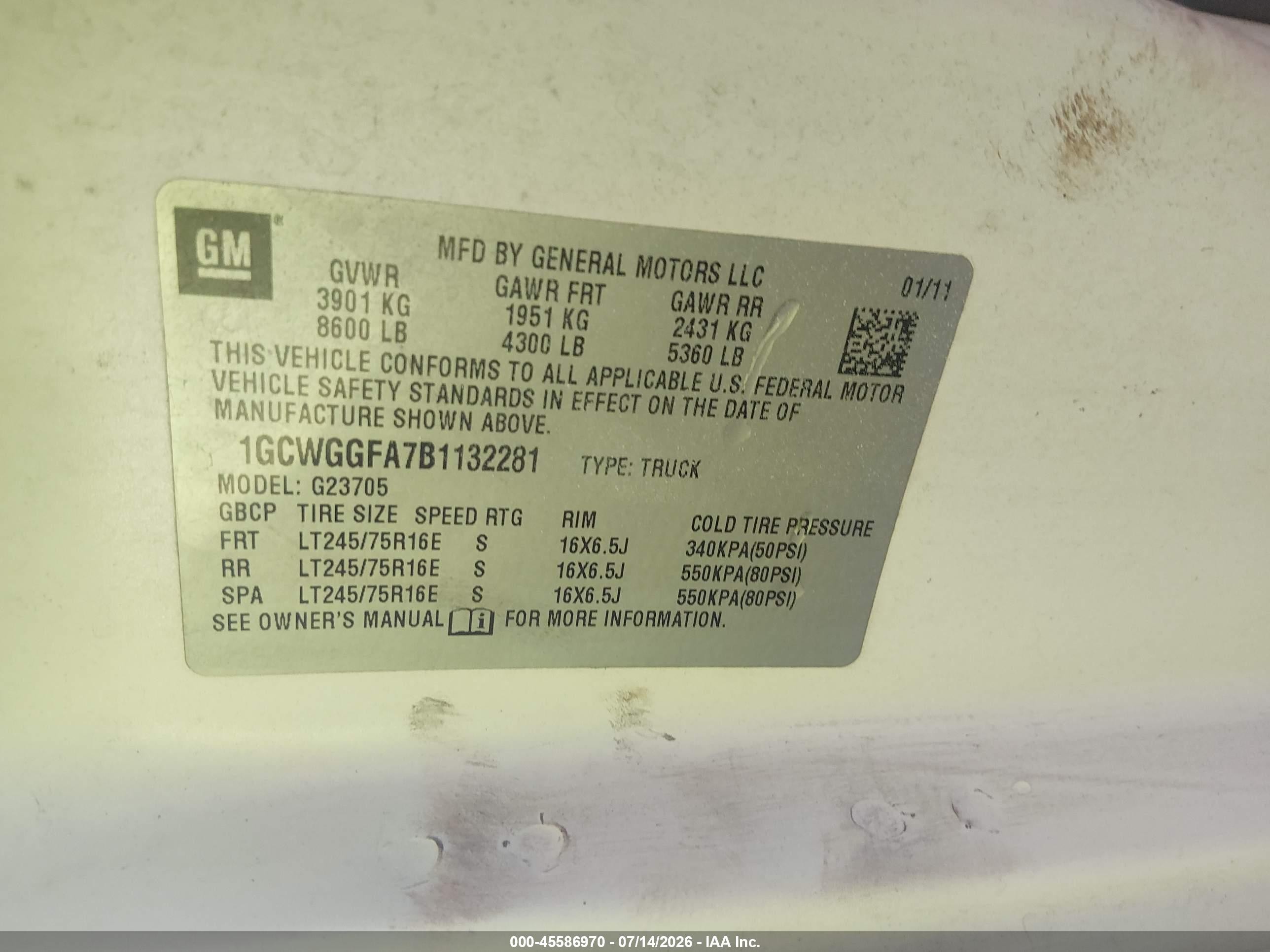 2011 Chevrolet Express 2500 Work Van White vin: 1GCWGGFA7B1132281