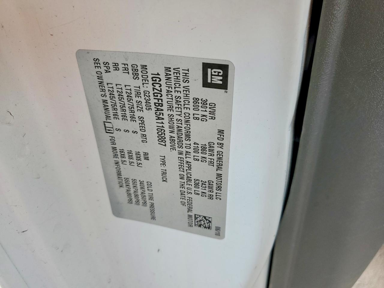 2010 Chevrolet Express G2500 White vin: 1GCZGFBA5A1165887