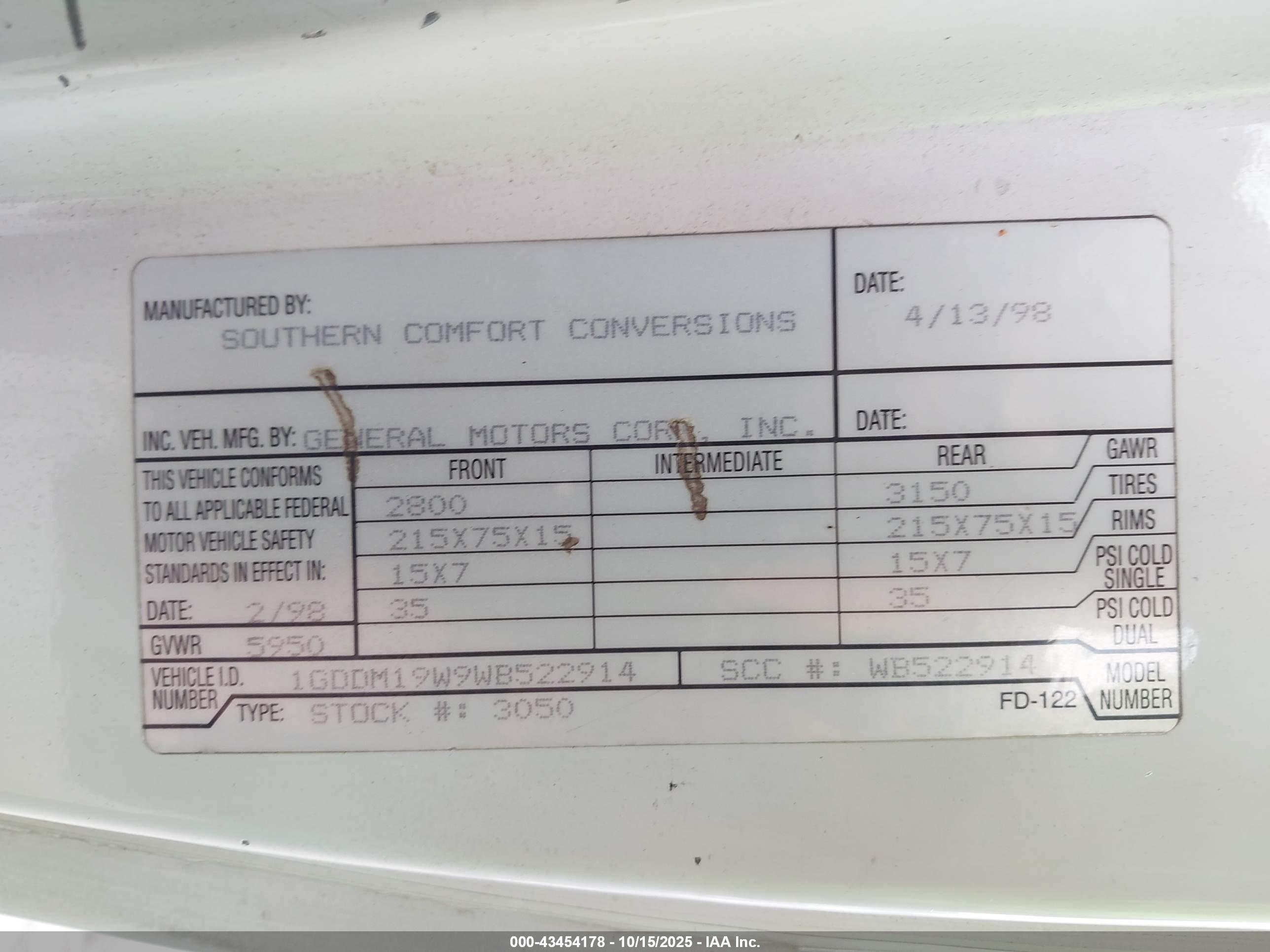 1998 Gmc Safari Yf7 Upfitter Package Белый vin: 1GDDM19W9WB522914
