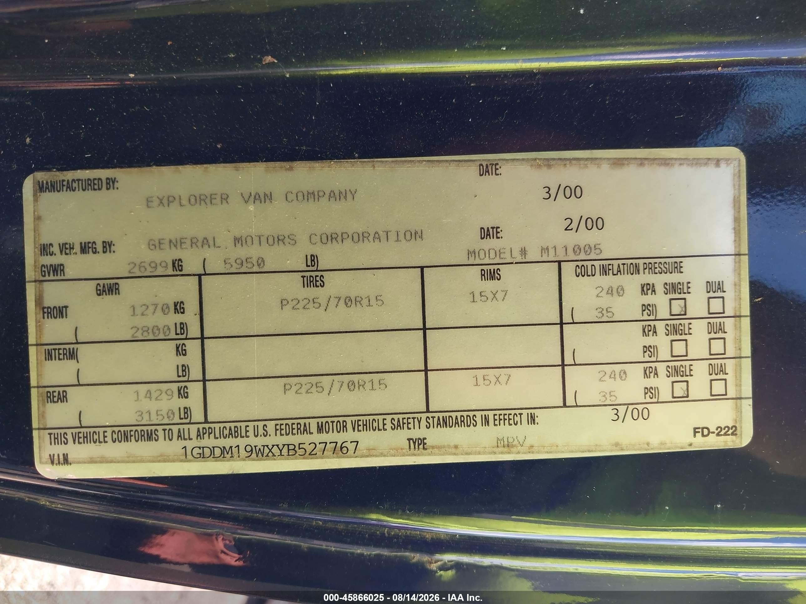 2000 Gmc Safari Upfitter Pkg. Black vin: 1GDDM19WXYB527767