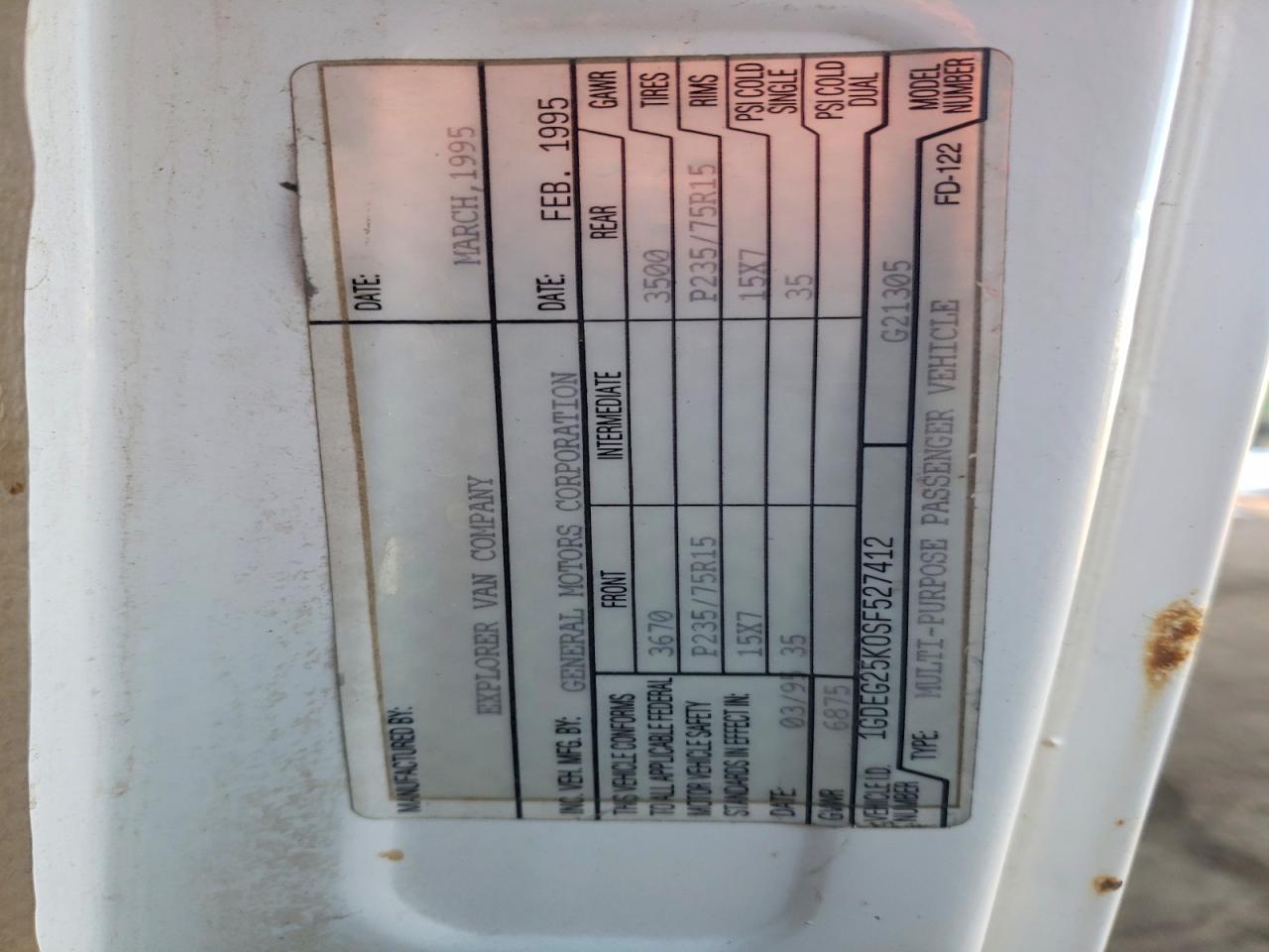 1995 Gmc Rally Wagon / Van G2500 White vin: 1GDEG25K0SF527412