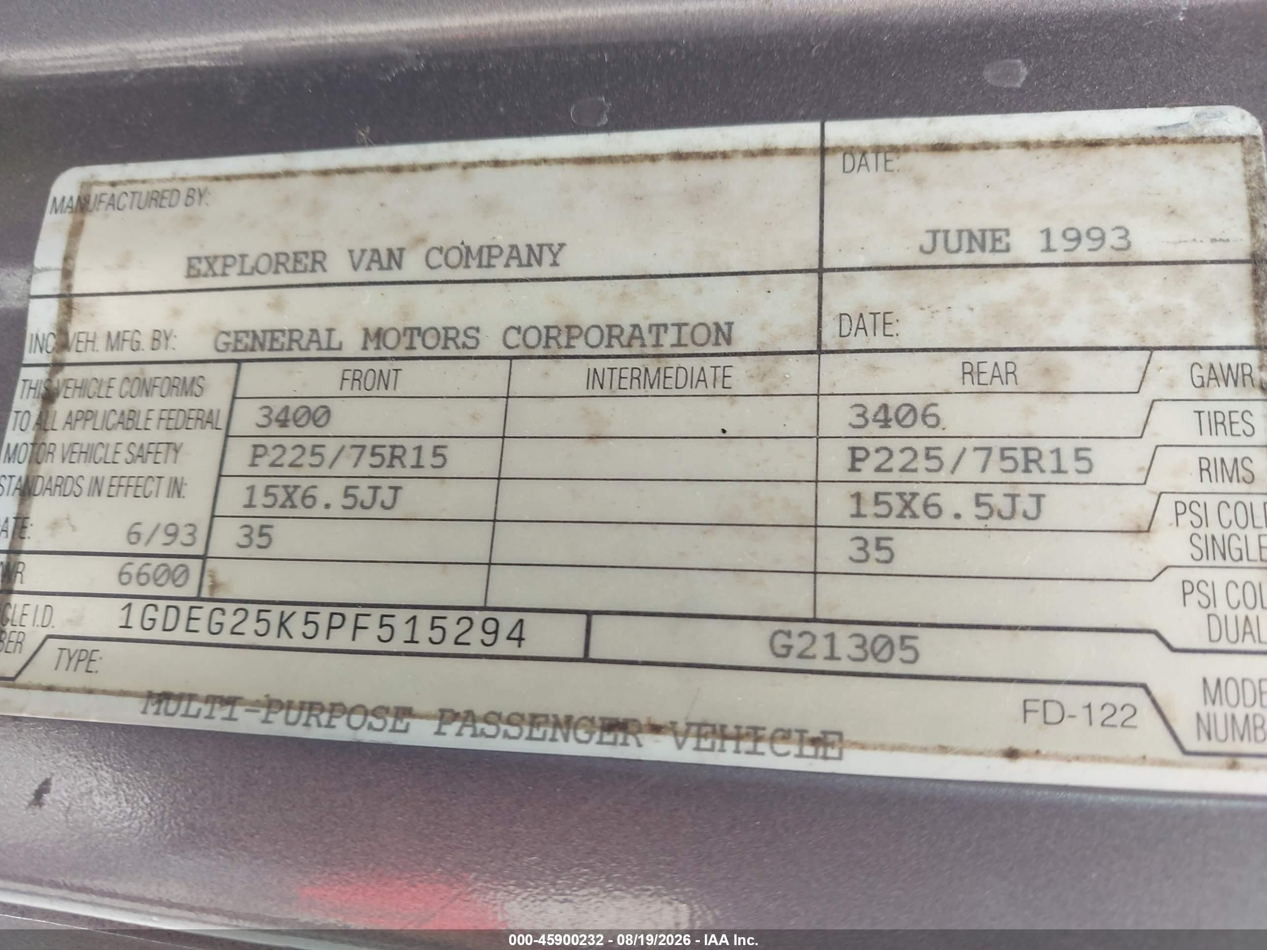 1993 Gmc Rally Wagon / Van G2500 Gray vin: 1GDEG25K5PF515294