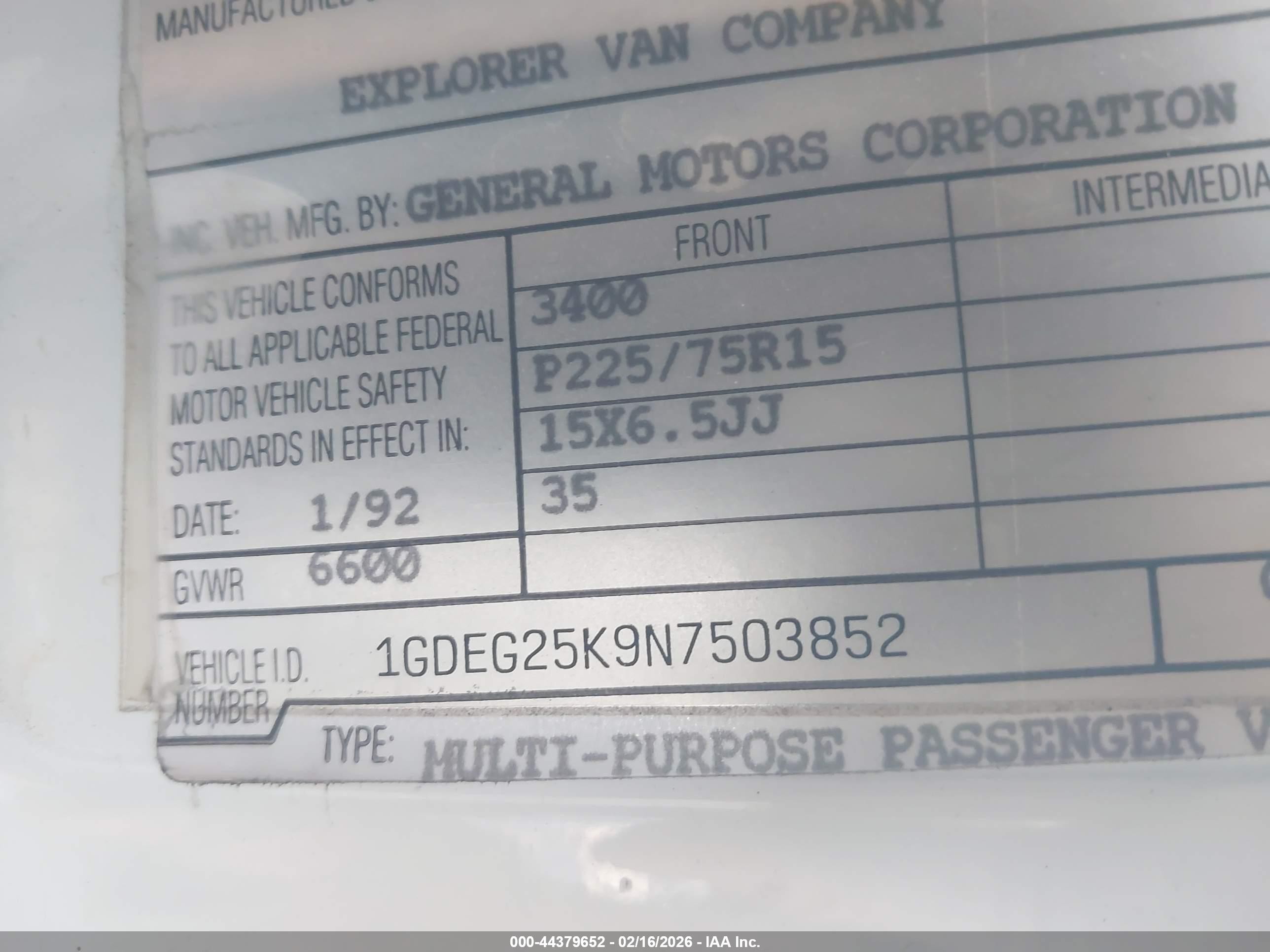1992 Gmc Rally Wagon / Van G2500 White vin: 1GDEG25K9N7503852