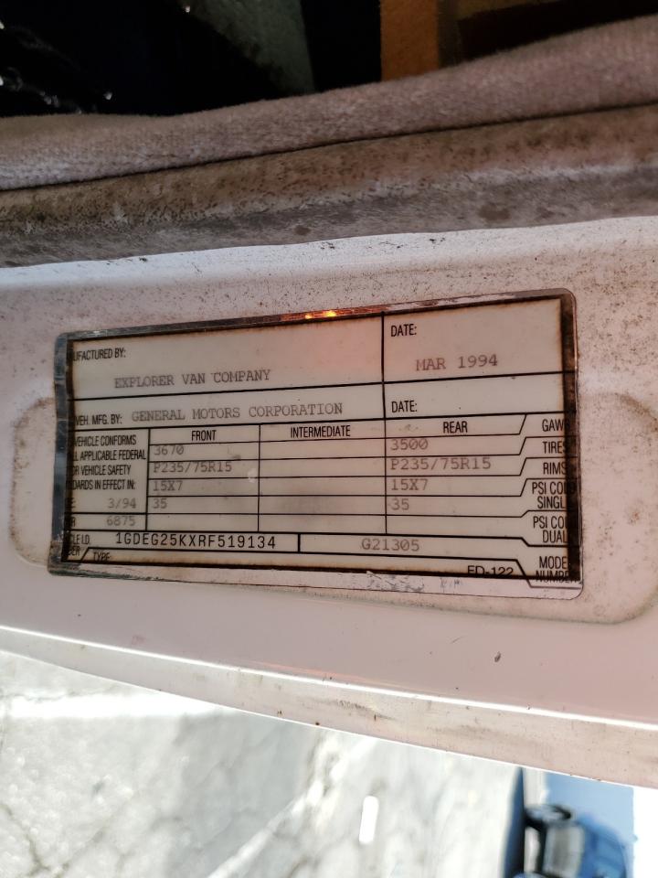 1994 Gmc Rally Wagon / Van G2500 White vin: 1GDEG25KXRF519134
