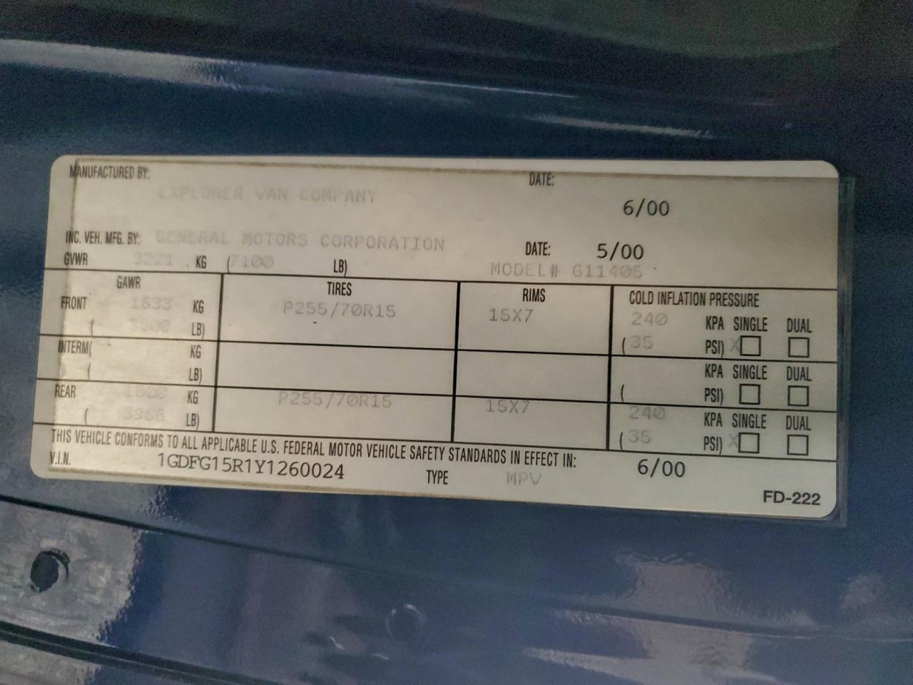 2000 Gmc Savana Rv G1500 Blue vin: 1GDFG15R1Y1260024