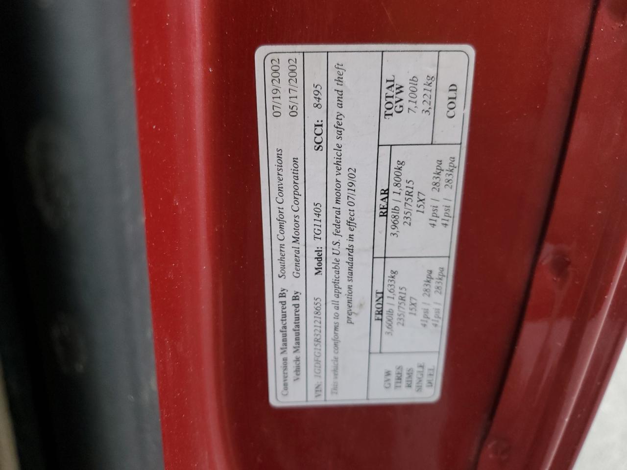 2002 Gmc Savana Rv G1500 Red vin: 1GDFG15R321218655