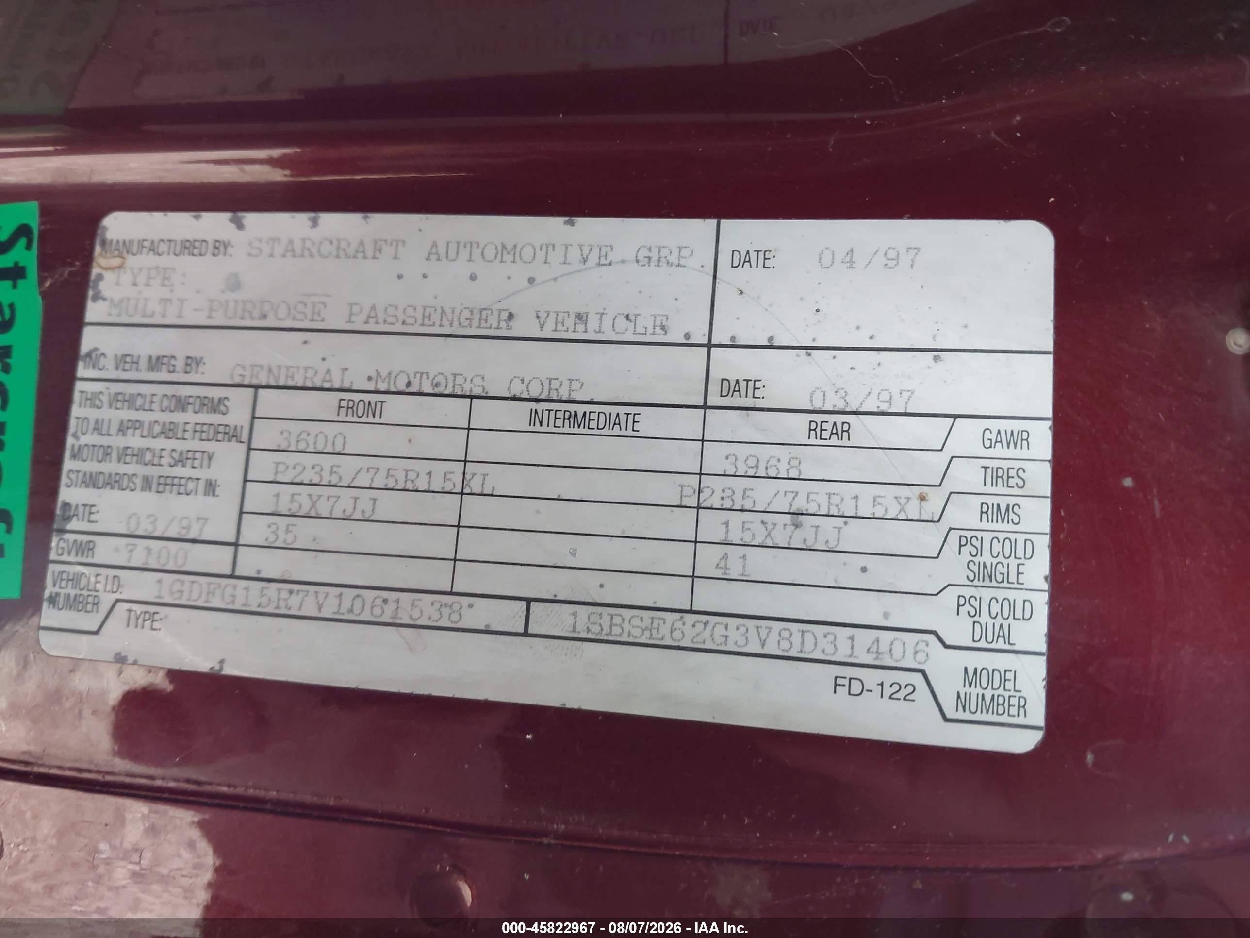 1997 Gmc Savana Yf7 Red vin: 1GDFG15R7V1061538
