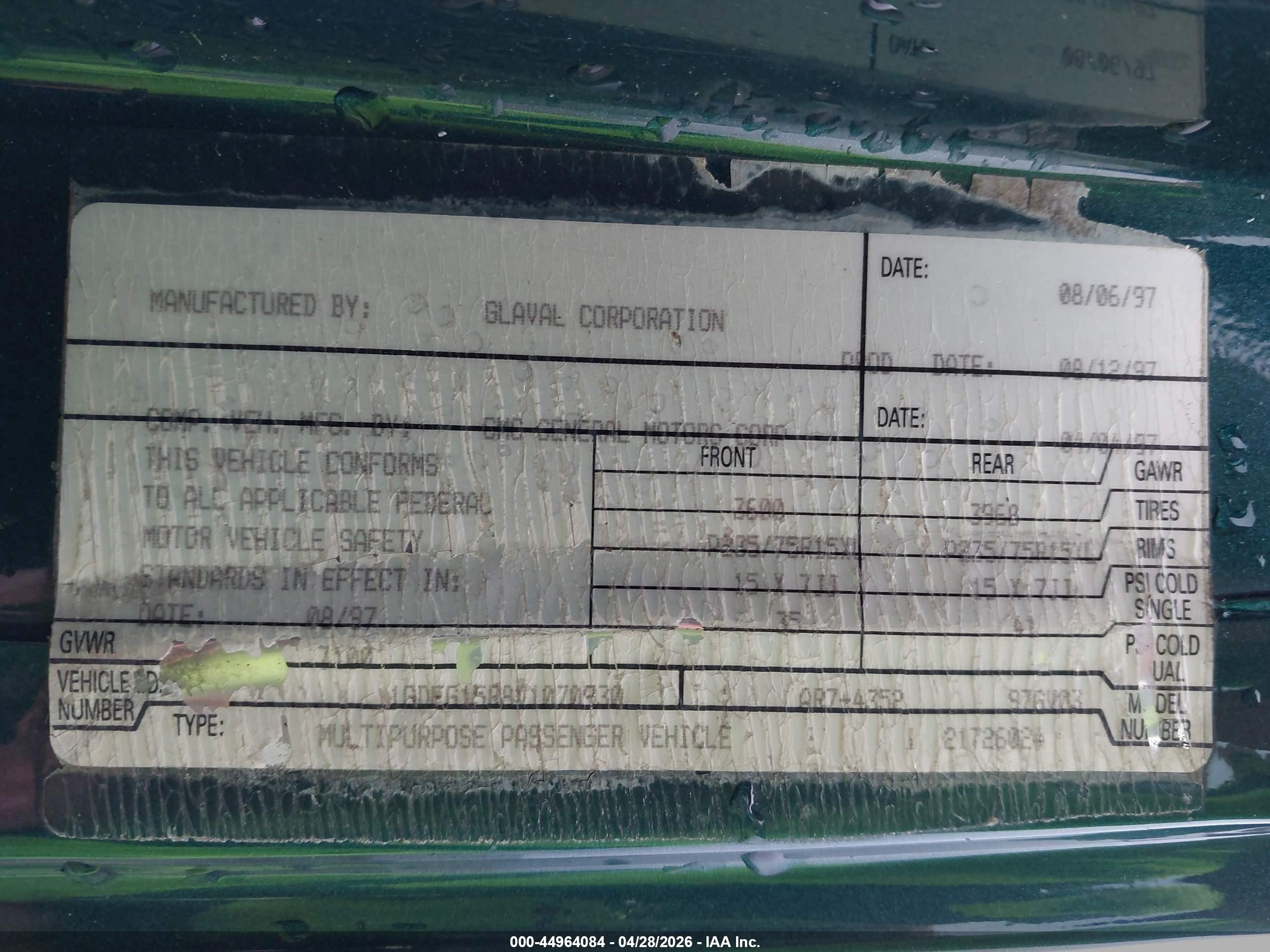 1997 Gmc Savana Rv Green vin: 1GDFG15R8V1070930