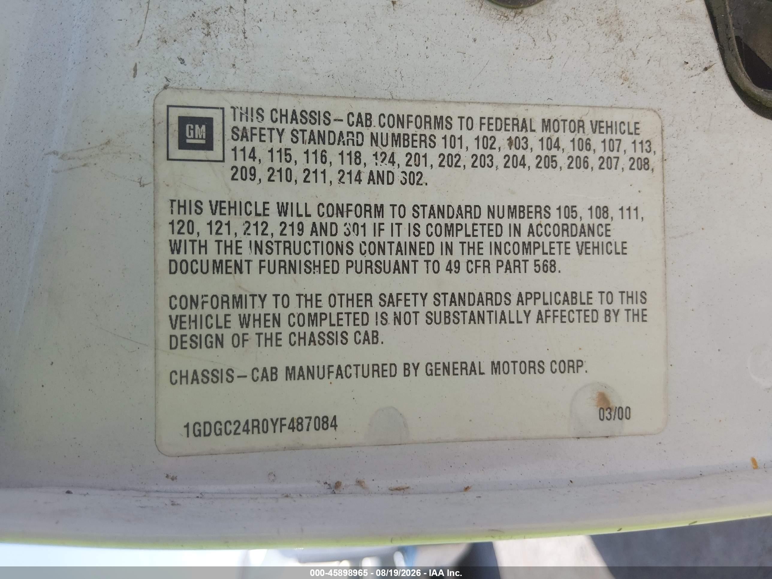 2000 Gmc Sierra 2500 Chassis Classic Sl White vin: 1GDGC24R0YF487084