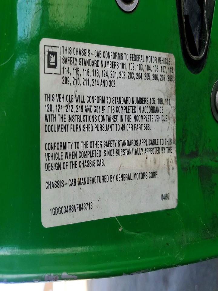 1997 Gmc Sierra C3500 Green vin: 1GDGC34R8VF043713