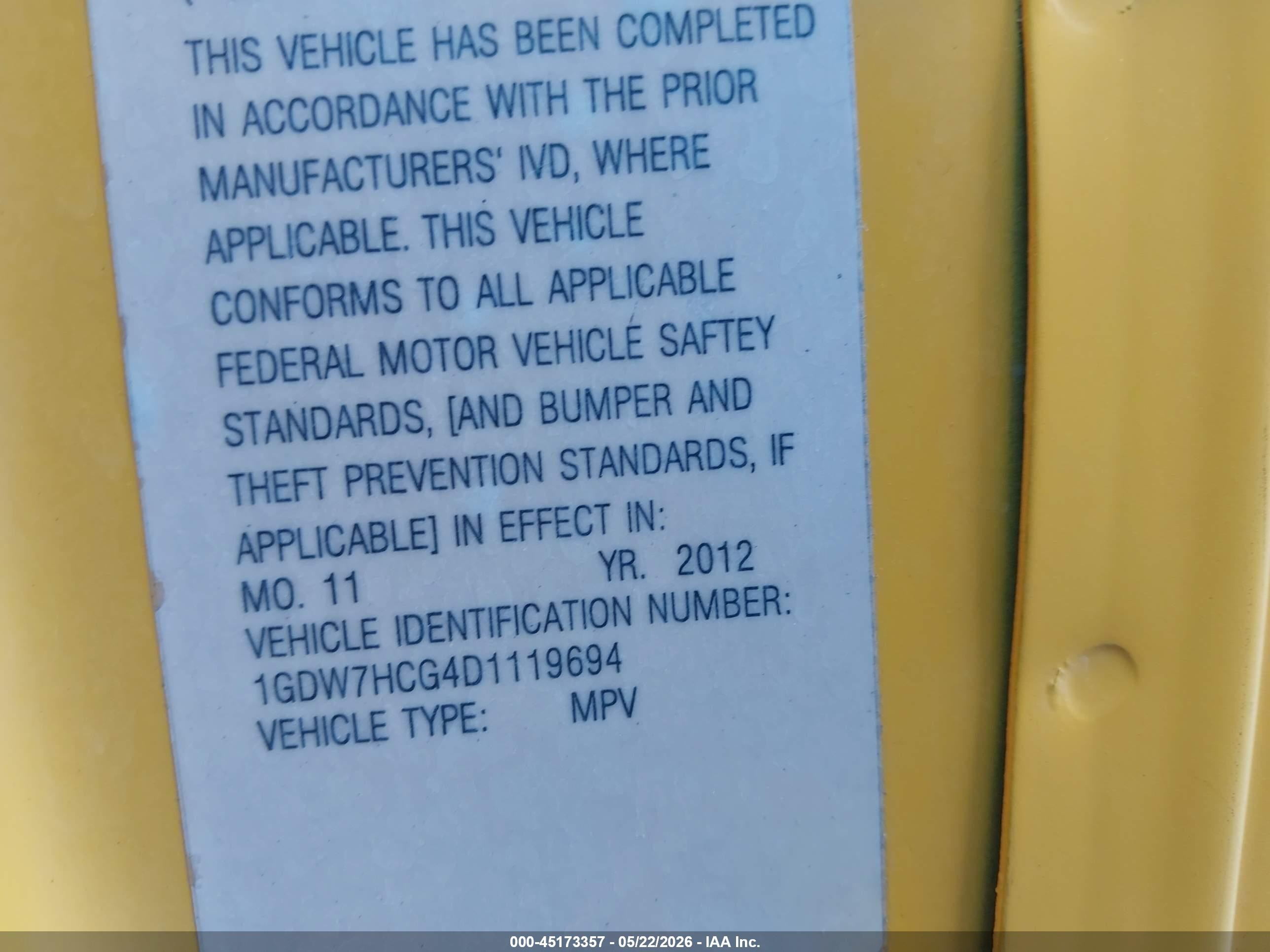 2013 Gmc Savana 2500 Work Van Yellow vin: 1GDW7HCG4D1119694