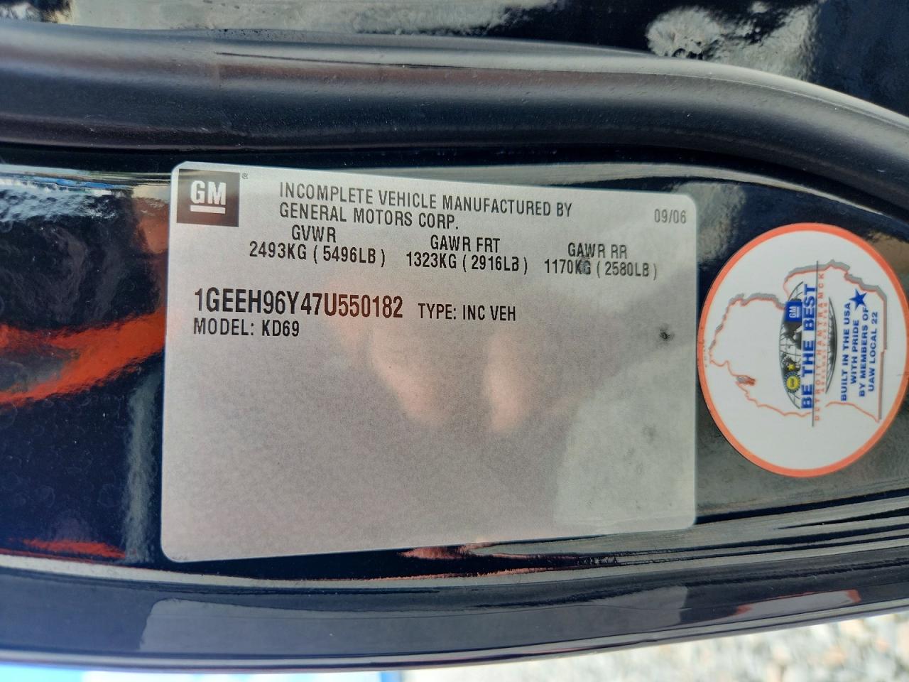 2007 Cadillac Professional Chassis Black vin: 1GEEH96Y47U550182