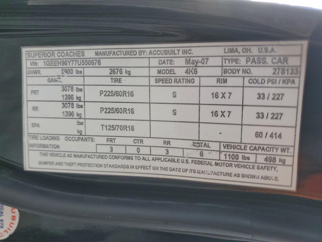 2007 Cadillac Professional Chassis Black vin: 1GEEH96Y77U550676